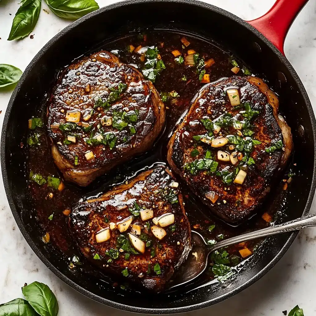 Hot Honey Baked Chicken Breasts, spicy honey baked chicken, easy baked chicken recipes, weeknight chicken dinner, flavorful chicken with honey and spice The image shows a black pan with a red handle on a white marbled surface, holding three thick, dark brown cooked steak pieces. The steaks have a shiny, slightly oily texture with visible herbs and small pieces of garlic on top, giving a fresh green and light tan contrast. One steak is shown partially sliced with a spoon lifting a portion of tender pink inside. The sauce around the steaks is dark with scattered bits of herbs and garlic. Near the pan, there is a fresh green basil leaf.