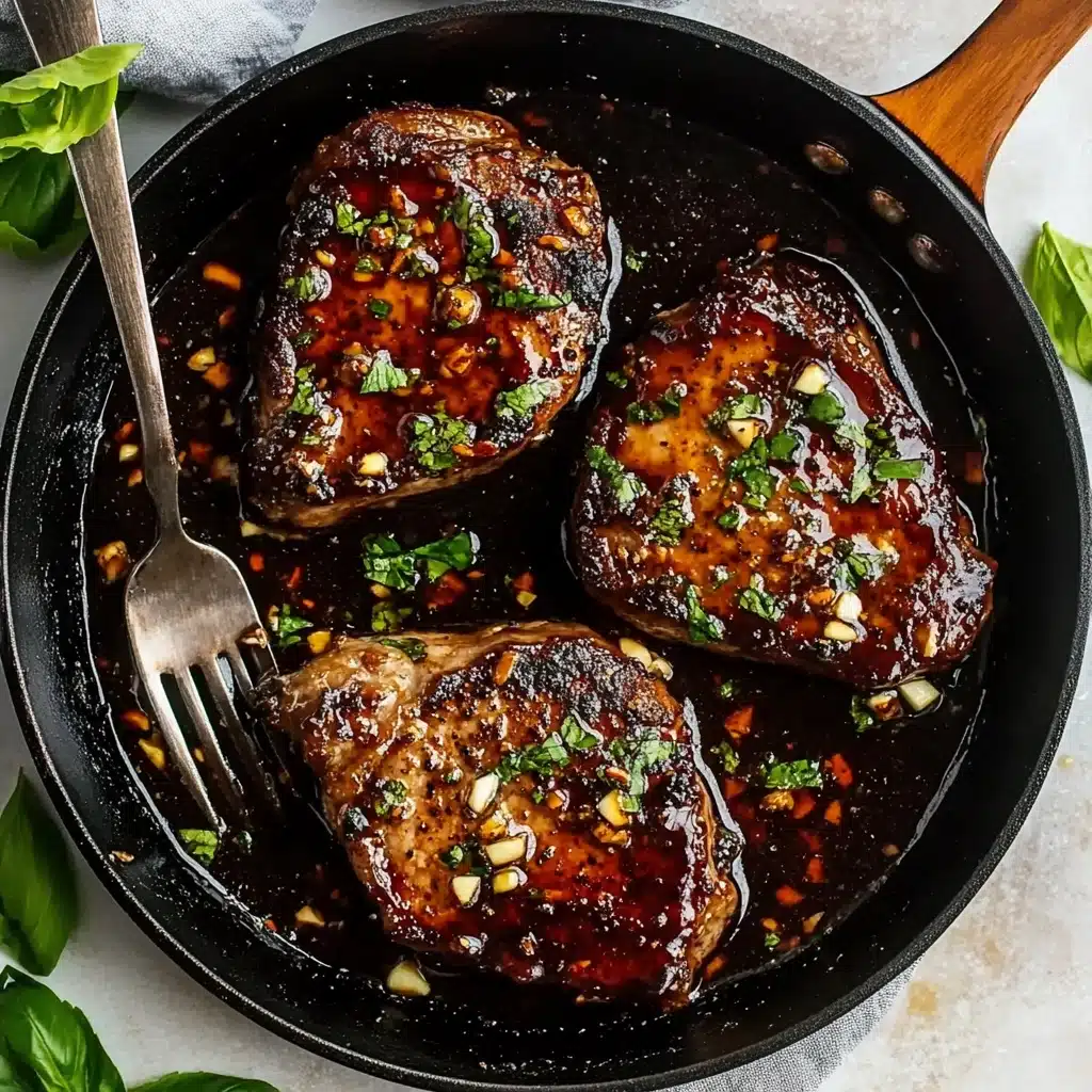 Hot Honey Baked Chicken Breasts, spicy honey baked chicken, easy baked chicken recipes, weeknight chicken dinner, flavorful chicken with honey and spice A black cast iron pan with red handles holds three pieces of dark brown seared meat covered in a shiny, thick sauce. The sauce has small white garlic pieces and chopped green herbs scattered on top and around the meat. A silver fork with a wooden handle rests on the right side inside the pan. Fresh green basil leaves lay around the pan on a white marbled surface.