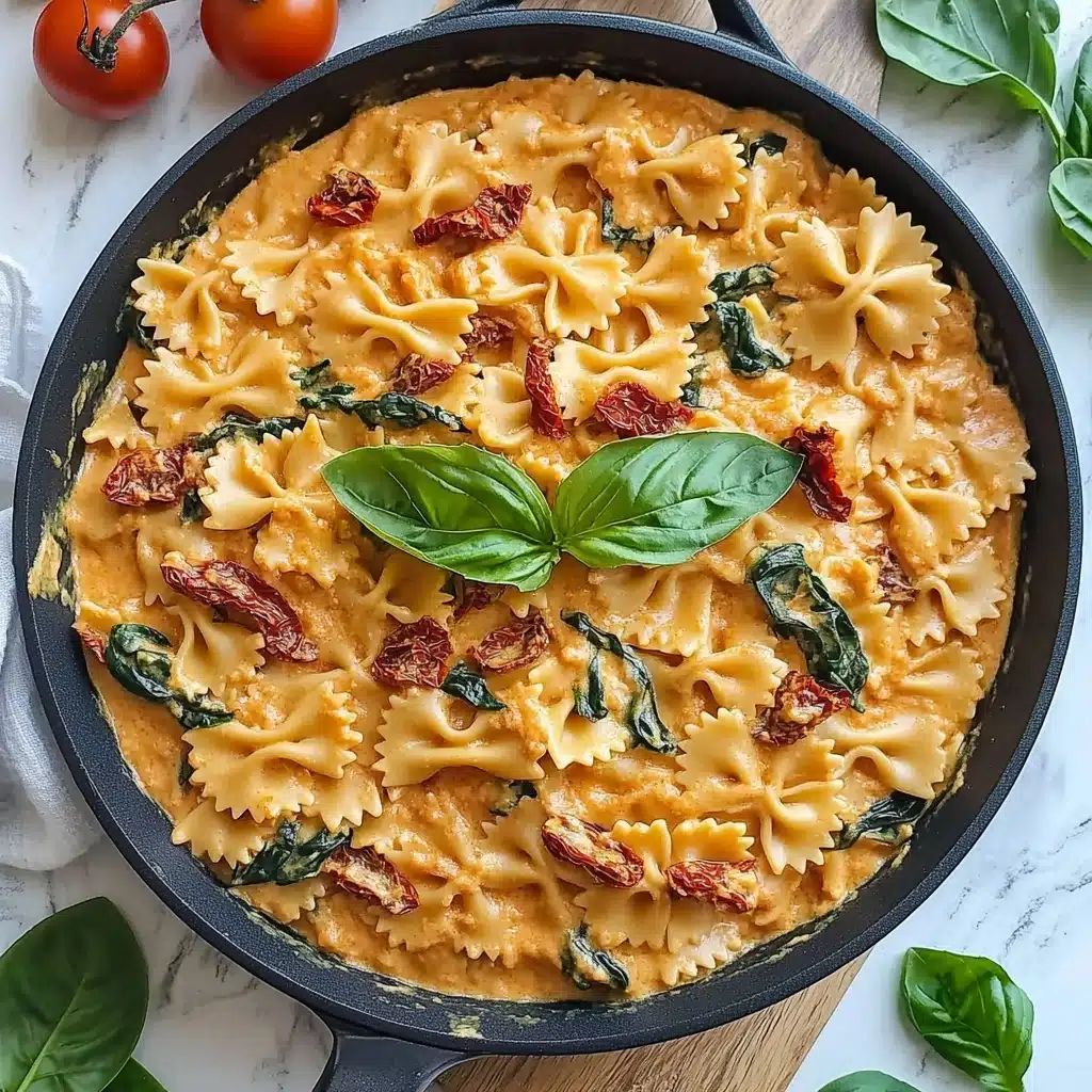 Marry Me Chicken Pasta, easy creamy chicken pasta, quick dinner recipes, flavorful pasta dishes, comforting weeknight meal A black pan filled with creamy orange sauce pasta shaped like bow ties, mixed with dark green leafy spinach and small red sun-dried tomato pieces, topped with a few fresh bright green basil leaves in the center; the pan sits on a white marbled surface with some basil leaves scattered around and a bunch of red tomatoes on a wooden board nearby,