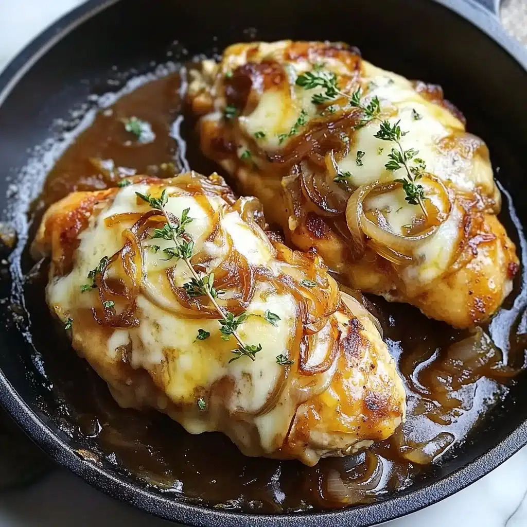 French Onion Stuffed Chicken, easy one pan chicken dinner, flavorful stuffed chicken breast, quick weeknight chicken recipe, caramelized onion chicken Two cooked chicken pieces with golden brown, crispy skin sit on a bed of caramelized onions in a black skillet. The chicken has a shiny, glazed look and is sprinkled with small green herb bits on top. The onions beneath are soft and translucent with a rich brown color from the sauce surrounding them. The skillet rests on a white marbled surface.