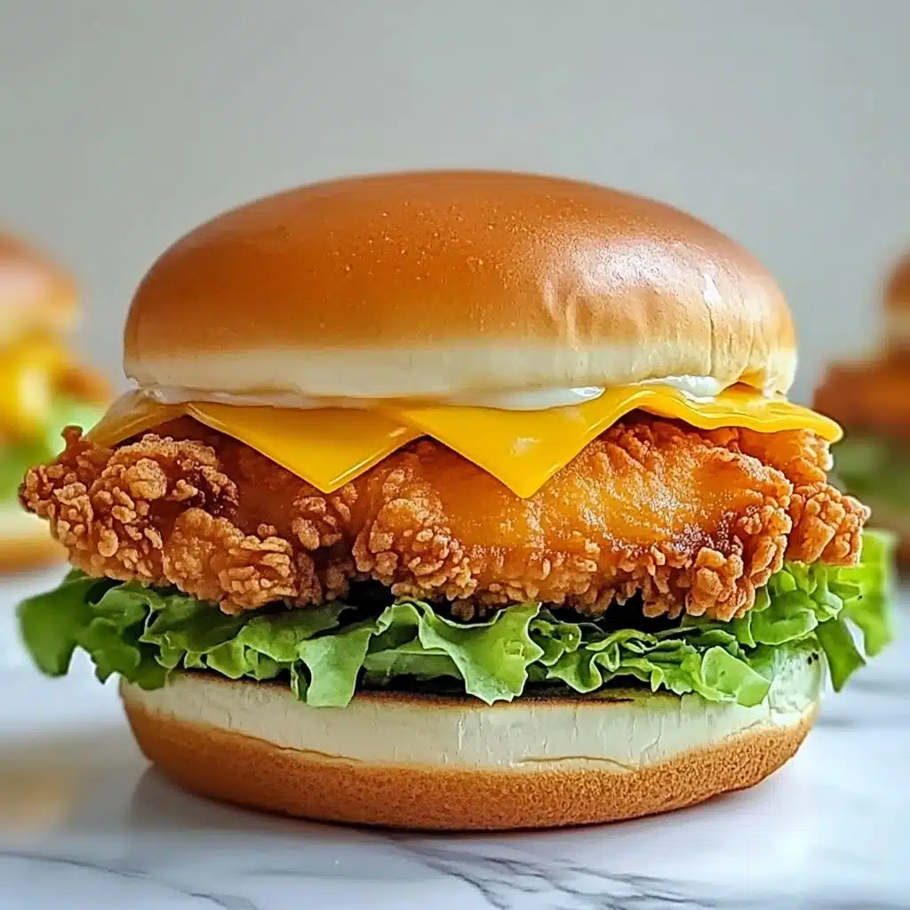 Spicy Crispy Chicken Burger, crispy chicken burger recipe, spicy chicken sandwich, homemade crispy chicken burger, easy spicy chicken burger A sandwich with four layers is shown. The bottom layer is a soft, light brown hamburger bun bottom. Next is a fresh, bright green leaf of lettuce. On top of the lettuce are two pieces of golden brown crispy fried chicken. Above the chicken is a slice of yellow cheese that slightly melts over the chicken edges. The top layer is creamy yellow macaroni and cheese with some green leafy bits visible inside. The sandwich is finished with a soft, shiny light brown hamburger bun top. It is placed on a dark wooden board with a white marbled surface in the background.