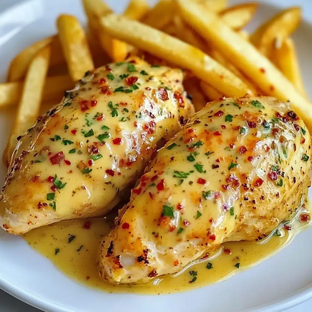 Spicy Creamy Garlic Parmesan Chicken Fillet with Fries, spicy garlic parmesan chicken, creamy garlic chicken recipe, crispy chicken and fries, flavorful chicken dinner A white plate holds two golden-brown cooked chicken pieces covered in a glossy yellow sauce with red chili flakes and green chopped herbs sprinkled on top. Behind the chicken, there is a layer of thin golden french fries scattered loosely. The plate is set on a white marbled surface.