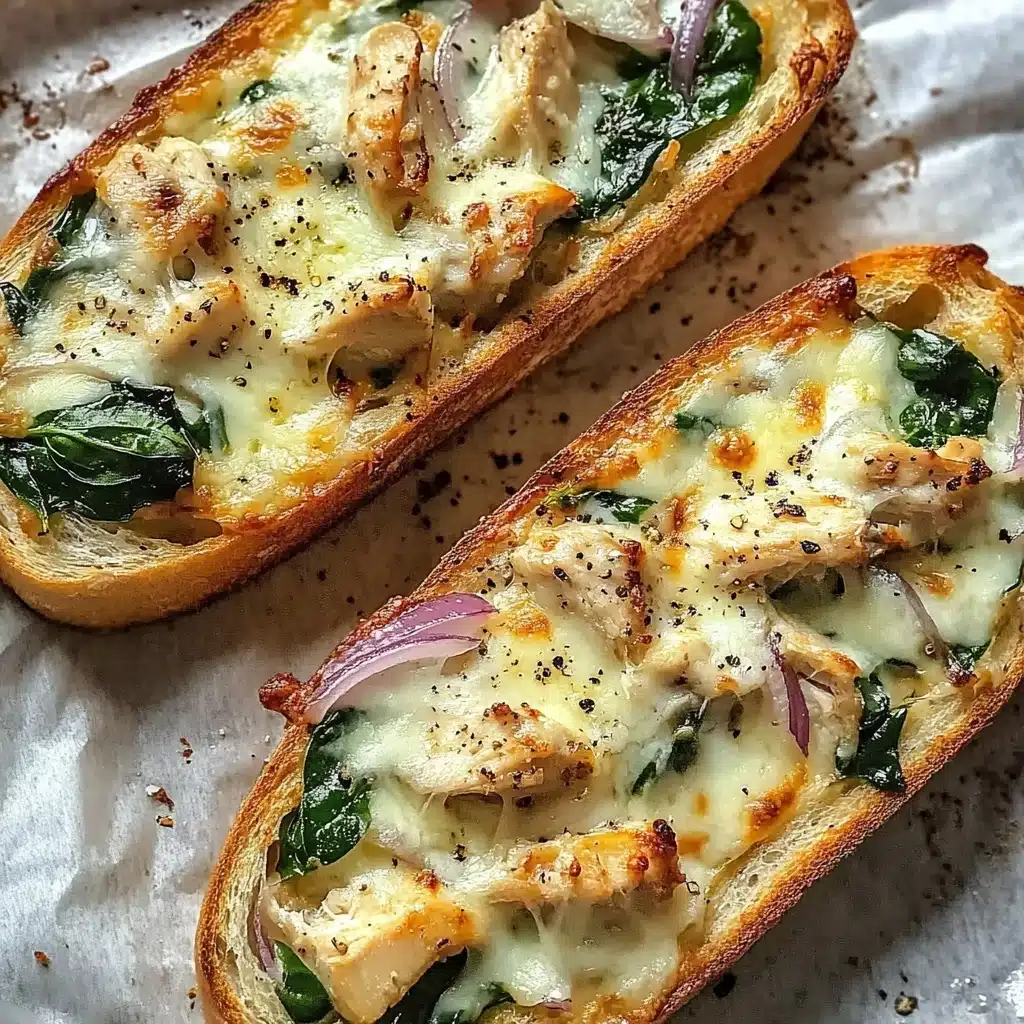 French Bread Chicken Alfredo Pizza, easy Alfredo pizza recipe, quick dinner ideas with chicken, cheesy French bread pizza, weeknight pizza recipes The image shows two long slices of toasted bread with a golden-brown crust. Each slice is topped with a layer of melted white cheese that has small browned spots from baking. On top of the cheese, there are pieces of light yellow chicken, fresh dark green spinach leaves, and thin slices of light purple onion scattered evenly. The toppings appear well distributed with a sprinkle of cracked black pepper over the whole surface. The slices lie on a white marbled surface with some stray pepper grains around.