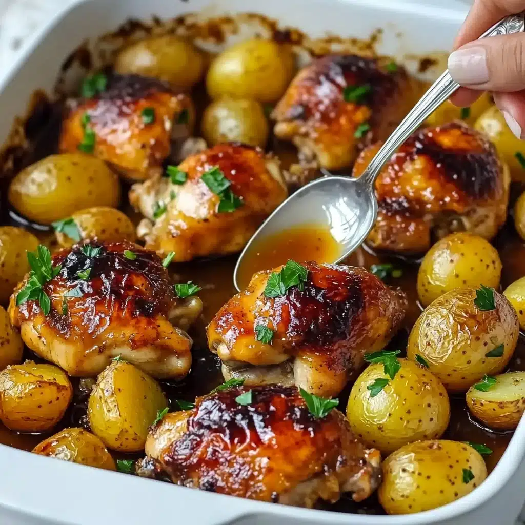 One Pan Lemon Herb Chicken and Potatoes, Lemon Herb Chicken and Potatoes, Easy One Pan Chicken Dinner, Healthy Chicken and Potatoes Recipe, Quick Weeknight Chicken Meal A white baking dish filled with six cooked chicken thighs that have a shiny, golden-brown skin with a slightly crispy texture, surrounded by whole and halved small golden-yellow potatoes. The potatoes show a soft and roasted surface with a light browning. Fresh green parsley pieces are sprinkled over the chicken and potatoes, adding a touch of color. A woman's hand holds a spoon above the dish, pouring a glossy, amber sauce over the chicken, creating a small drip. The background is a white marbled surface.