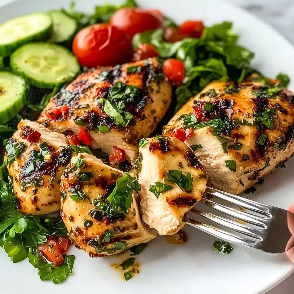 Air Fryer Garlic Parmesan Chicken Skewers, easy chicken skewers, garlic parmesan chicken, healthy dinner ideas, quick air fryer recipes The dish shows grilled pieces of chicken with a mix of light golden and slightly dark brown grilled marks on top, sprinkled with chopped green herbs and small bits of red chili. The chicken pieces are placed on a white plate with a few slices of fresh cucumber and halved red cherry tomatoes, and green leafy salad on the side. A silver fork is holding a piece of the juicy chicken close to the center of the plate. The whole scene sits on a white marbled surface.