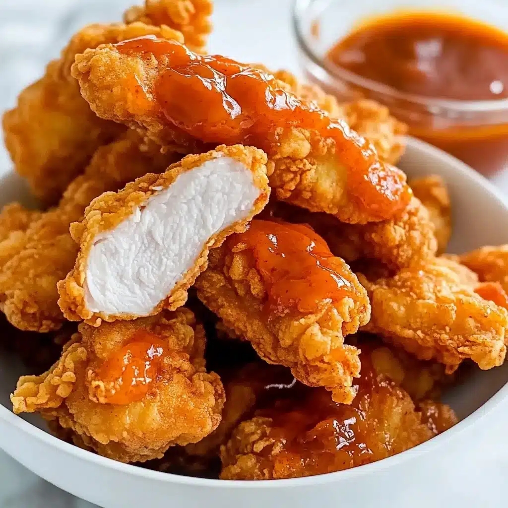 Hot Honey Chicken Tenders, spicy honey chicken tenders, crispy chicken tenders with hot honey, easy homemade chicken tenders, flavorful chicken tenders recipe A white plate filled with crispy fried chicken tenders, some coated in a shiny orange sauce, piled up with one piece broken in half to show the white, tender inside. The texture of the chicken is crunchy and golden brown, and there is a small clear glass bowl of orange dipping sauce on the side. The plate sits on a white marbled surface.