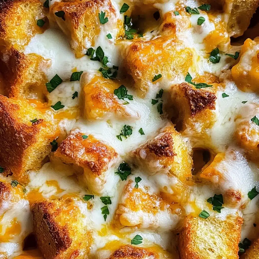 Tandoori Chicken Garlic Bread, spicy tandoori chicken bread, garlic bread with tandoori chicken, flavorful chicken garlic toast, Indian-inspired garlic bread The image shows a close-up of a baked dish with multiple layers of food pieces. The top layer consists of golden-brown toasted bread chunks with crispy, slightly rough texture. Nestled between the bread pieces are melted white cheese blobs with smooth, creamy texture, and between these are melted orange cheese with soft texture. There are small bits of green herb garnish scattered over the dish, adding fresh color contrast. The whole dish sits on a white marbled surface.