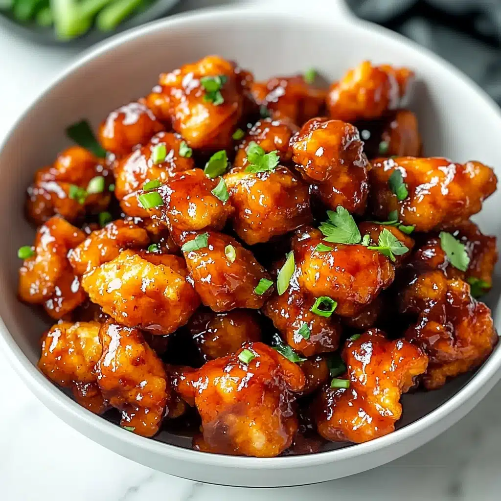 Sweet Chili Chicken, sweet chili chicken recipe, easy chicken dinner, quick weeknight chicken, flavorful chicken recipes A grey bowl filled with multiple pieces of crispy fried chicken coated in a thick, shiny reddish-brown sauce, with small green herb bits sprinkled on top. The chicken pieces are piled in the bowl, showing a crunchy texture under the sticky sauce. The bowl is placed on a folded grey cloth on a white marbled surface, with blurred green stalks in the background.