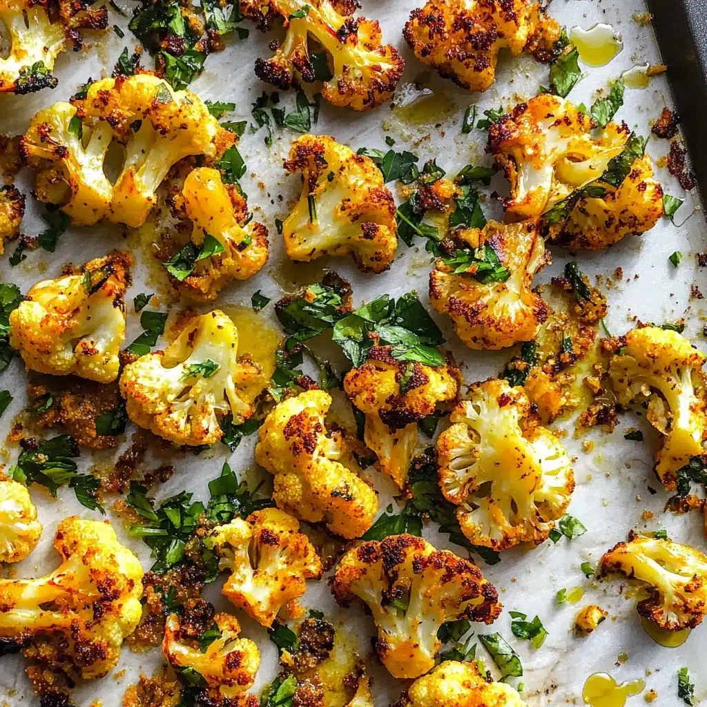 Crispy Parmesan Roasted Cauliflower, roasted cauliflower side dish, healthy vegetable recipes, easy cauliflower snacks, savory roasted cauliflower A white bowl filled with roasted cauliflower pieces that are golden brown with some charred edges, showing a mix of light orange and darker brown colors. The cauliflower is sprinkled with finely chopped green herbs, adding a fresh contrast to the warm tones. A slice of lemon, pale yellow with a smooth texture, rests on the side of the bowl. The bowl is placed on a white marbled surface with natural light casting soft shadows.