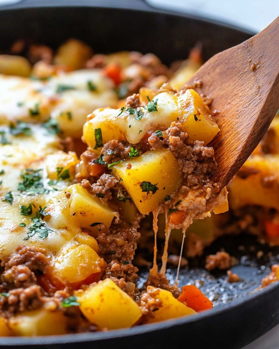 Mexican Ground Beef and Potato Skillet, Mexican ground beef recipes, easy skillet dinner, quick weeknight meals, one-pan beef potato dish A close-up image shows a skillet filled with cooked ground meat mixed with diced yellow potatoes and red bell peppers, all covered in melted yellow and white cheese. The dish has small green herb pieces scattered on top. A wooden spatula lifts a portion, showing melted cheese strings pulled along with the savory mix of textured meat and soft potatoes over a white marbled surface.