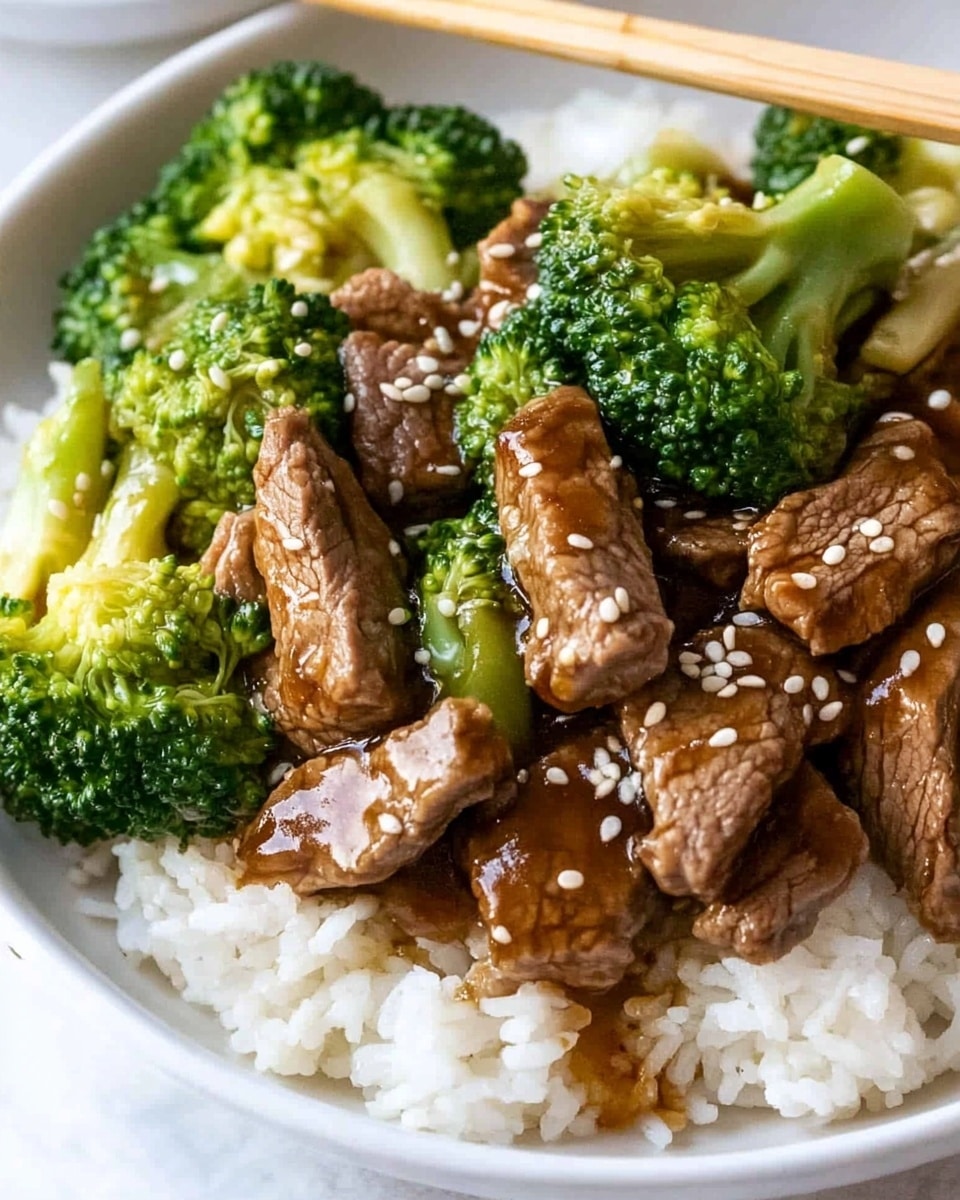 Chinese Beef and Broccoli Stir Fry, Chinese beef and broccoli, beef stir fry recipe, Chinese takeout at home, quick beef broccoli dish The image shows a close-up of a dish with two main layers: bright green broccoli florets with a slightly rough texture, and tender dark brown slices of beef covered in a shiny, thick brown sauce. The dish is sprinkled with small white sesame seeds on top, adding contrast and texture. A metal spoon is partially visible on the right side, slightly lifting some broccoli and beef pieces. The background surface is white marble.