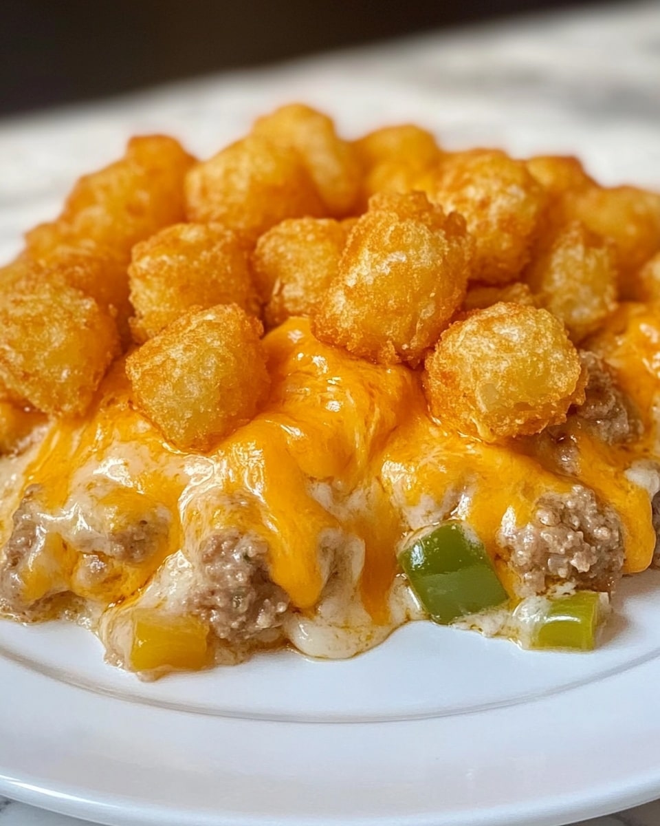 Tater Tot Casserole, tater tot casserole recipe, easy tater tot casserole, cheesy tater tot casserole, comfort food casserole A white plate holds a serving of a layered casserole with three clear layers. The bottom layer is a mix of creamy white sauce with small pieces of cooked meat and chunks of green vegetables. The middle layer is melted orange cheese that stretches and blends into the layers above and below. The top layer is a mound of golden brown, crispy tater tots, arranged closely together with a crunchy textured surface. The dish looks hot and melted around the edges. The plate is placed on a white marbled surface.