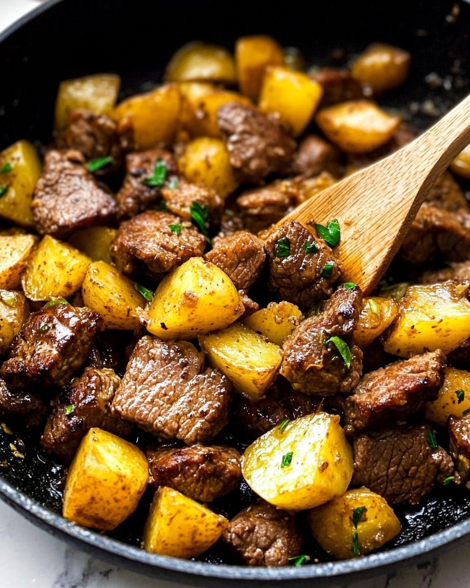 Garlic Butter Steak Bites and Potatoes, garlic butter steak bites, crispy potato steak bites, quick steak and potatoes, flavorful steak bites with potatoes The image shows a close-up of a black skillet filled with several thick pieces of brown cooked meat and yellow roasted potato chunks. The meat and potatoes are mixed together, showing a crispy, slightly charred texture on some edges. Small green herb pieces are sprinkled throughout, adding a touch of color contrast. A dark wooden spatula rests on the right side of the skillet, partially under the food. The background has a clean white marbled surface.