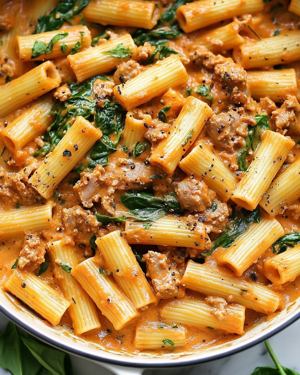 Creamy Sausage Rigatoni, Italian sausage pasta, one-pan pasta dinner, 30-minute pasta recipe, hearty sausage pasta A close-up view of a large white pan filled with a creamy pasta dish made of short tube-shaped pasta mixed with small pieces of cooked sausage and wilted green spinach leaves. The sauce is thick and orange-colored, hugging the pasta and meat with specks of red chili flakes and herbs visible throughout. The pasta is arranged casually, with some tubes lying flat and others tilted, giving a rich and hearty texture. The background is a white marbled surface with a few raw pasta pieces and green herb sprigs nearby.