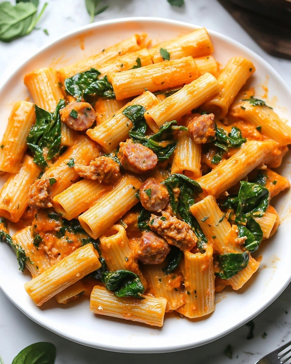 Creamy Sausage Rigatoni, Italian sausage pasta, one-pan pasta dinner, 30-minute pasta recipe, hearty sausage pasta A white plate filled with rigatoni pasta coated in a light red tomato sauce mixed with green spinach leaves and small pieces of brown cooked meat. The pasta is tubular and arranged in layers with sauce covering each piece, creating a colorful mix of orange-red, green, and brown. The dish looks hearty and warm, placed on a white marbled surface with some fresh oregano leaves nearby.