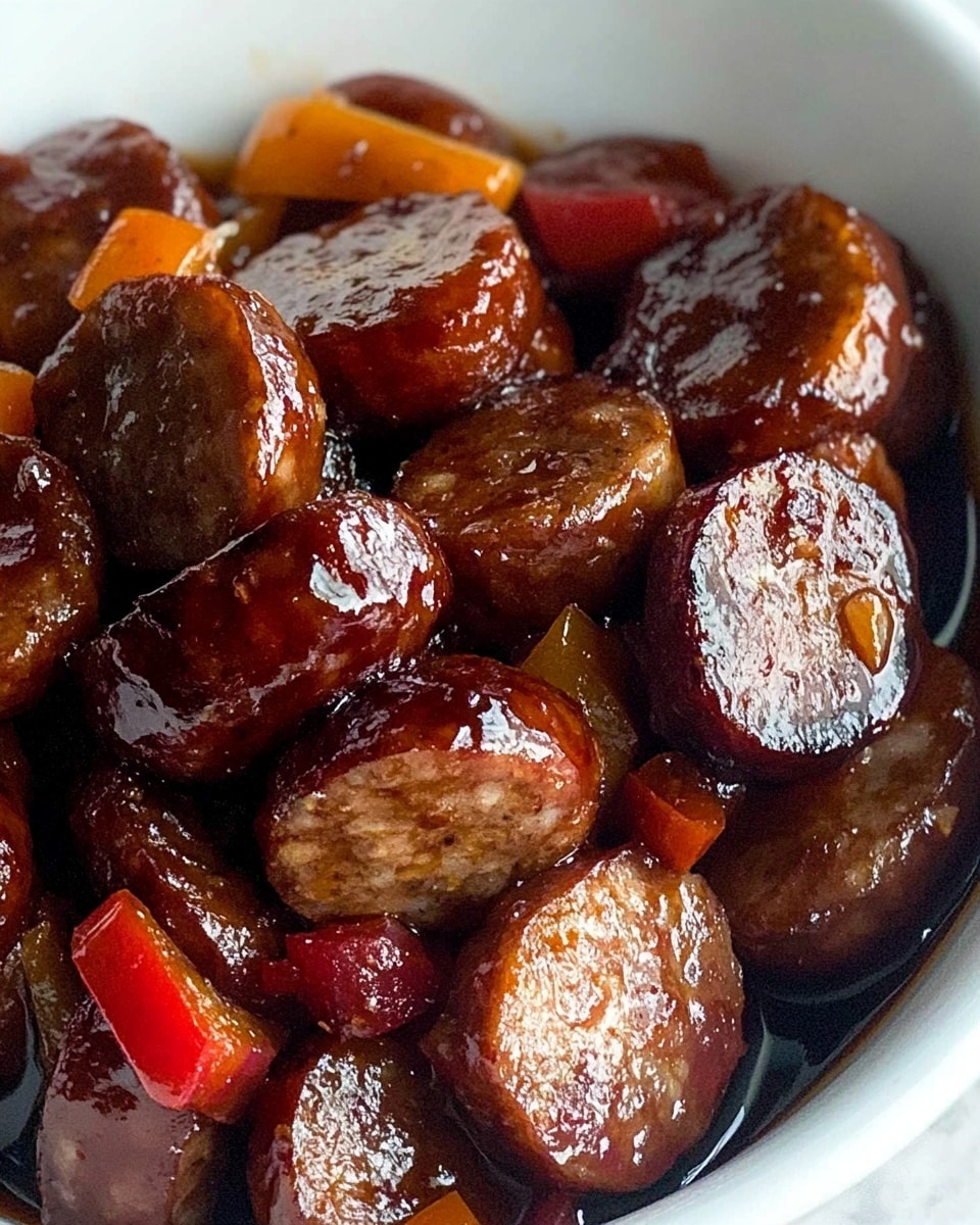 BBQ Smoked Sausage with Charred Peppers and Onions, smoked sausage recipes, easy BBQ sausage ideas, quick smoky sausage dish, flavorful grilled sausage appetizer The dish shows a white bowl filled with thick slices of sausage, glazed with a shiny dark brown sauce. The sausages have a smooth, slightly oily surface and rich reddish-brown color. Mixed in are chunks of bell peppers, with bright red and yellow pieces adding contrast. The bowl is placed on a white marbled surface, and the image is tightly framed to focus on the food’s texture and color. The lighting highlights the glossy sauce and gives a rich, appetizing look to the dish