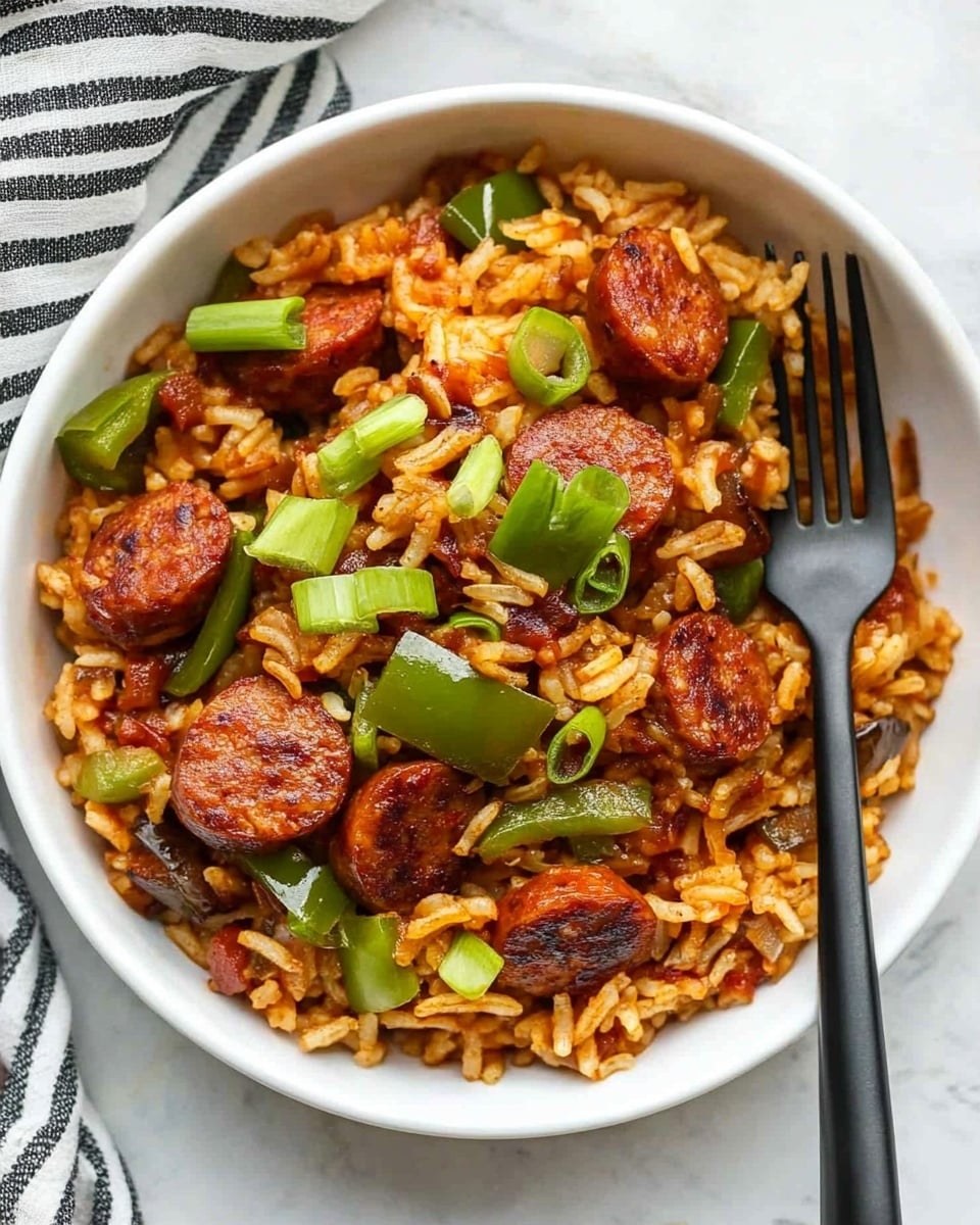 Cajun Sausage and Rice Skillet, Cajun Sausage and Rice, Cajun Skillet Dinner, Spicy Sausage and Rice Recipe, One-Pan Cajun Meal A white bowl filled with a colorful dish showing two main layers: the bottom layer is a mix of cooked rice and small bits of vegetables in a rich, brown sauce, and the top layer has thick, round slices of sausage with a browned texture scattered evenly, along with pieces of green bell pepper and chopped green onions placed on top for contrast. A black fork rests inside the bowl on the right side, and a woman's hand holds the bowl slightly from the left side above a white marbled surface with a white and gray striped cloth nearby.