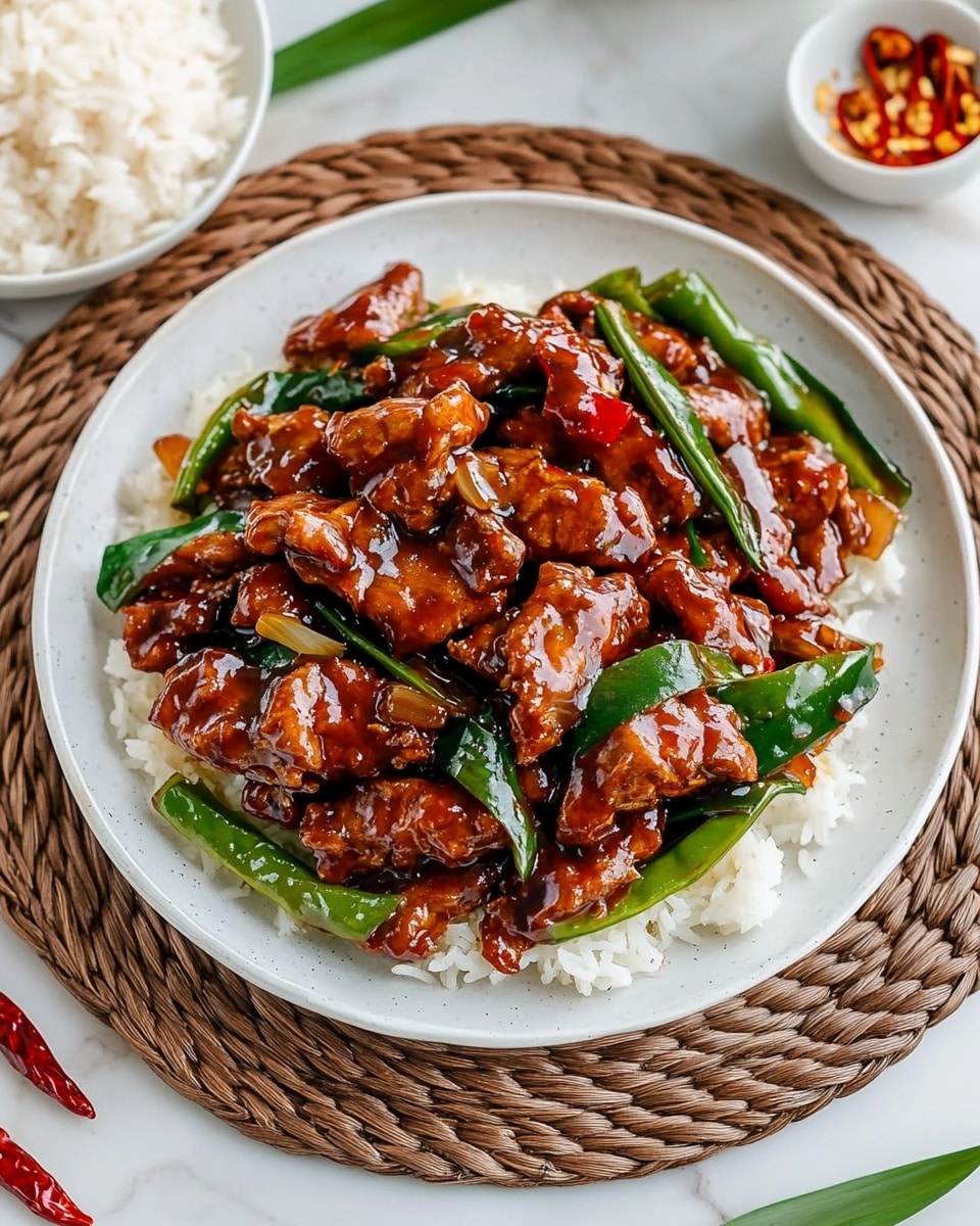 The image shows a white plate placed in the middle of a round wicker tray on a white marbled surface. On the plate, there is a dish made of brown-glazed cooked pieces mixed with green onions that are thick and cut into long strips. The dish is garnished with whole dried red chili peppers scattered throughout, adding a contrast of deep red shades. Around the dish, there are small bowls of white rice at the top left and bottom right of the frame, and wooden chopsticks rest on the edge near the bottom left. The overall setting is bright with natural light. Photo taken with an iphone --ar 4:5 --v 6.1