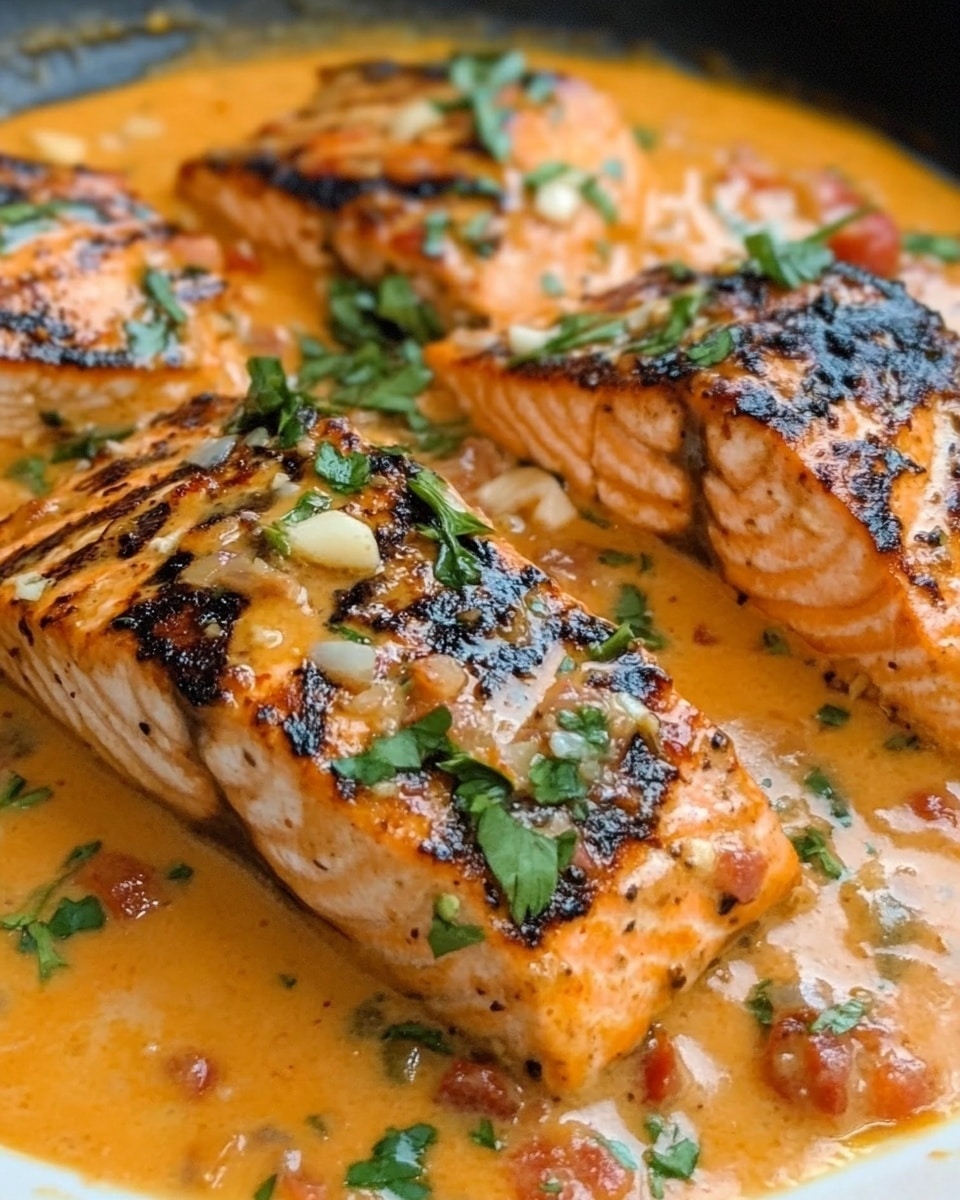 There is a red pan filled with three large pieces of cooked chicken in a creamy orange sauce. The sauce has bits of green herbs and small pieces of red tomato all mixed in. The chicken looks browned with some grill marks and rests thickly in the sauce. The pan is placed on a white marbled surface. photo taken with an iphone --ar 4:5 --v 6.1