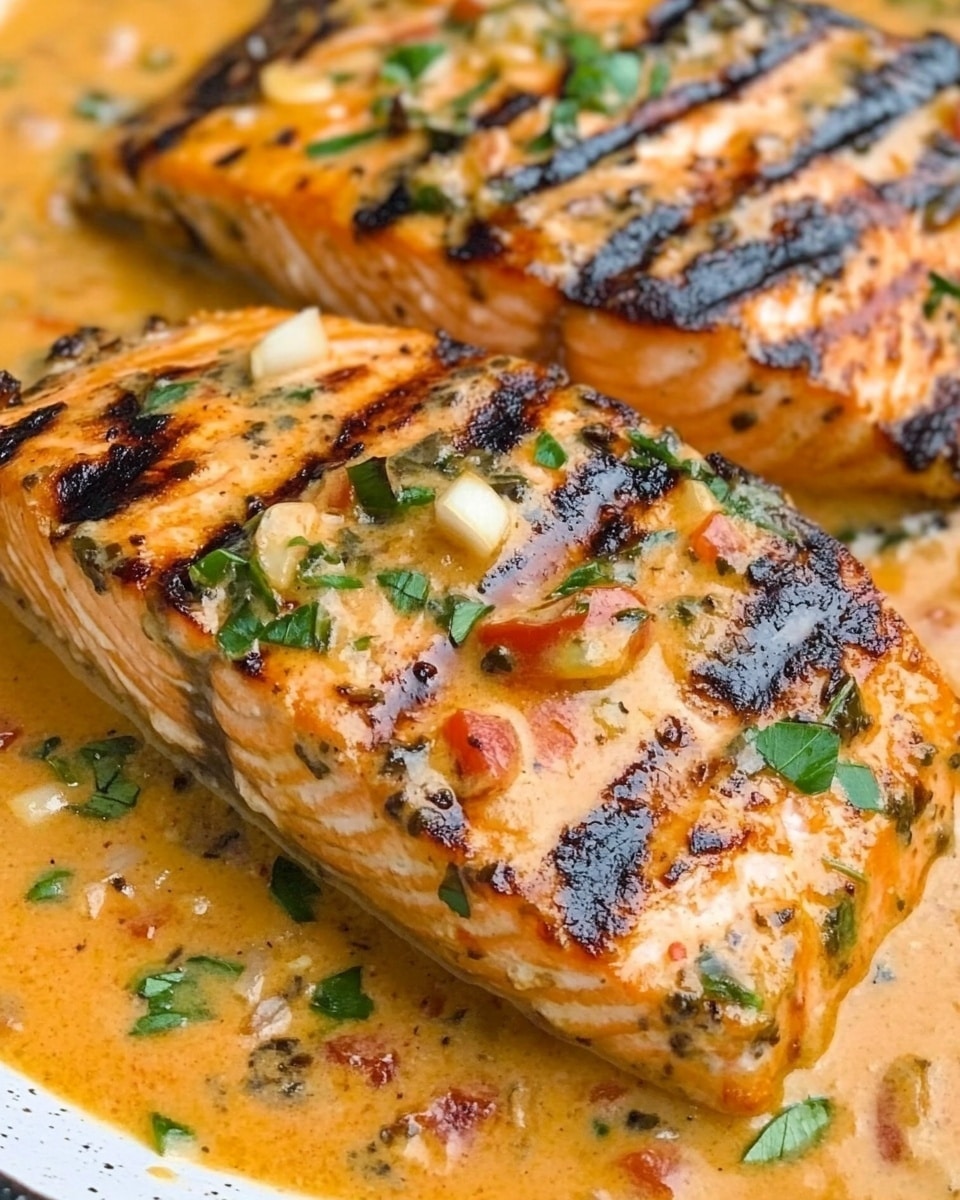 The image shows several pieces of cooked salmon with a slightly crispy, darkened outer layer and a tender, flaky pink inside. The salmon pieces are sitting in a creamy orange sauce mixed with visible bits of herbs and small green leaves scattered on top for garnish. The sauce looks rich and thick, covering the base of the pan and partially surrounding the salmon pieces. The close-up view highlights the texture of both the fish and the sauce, with a white marbled surface seen faintly in the background. photo taken with an iphone --ar 4:5 --v 6.1