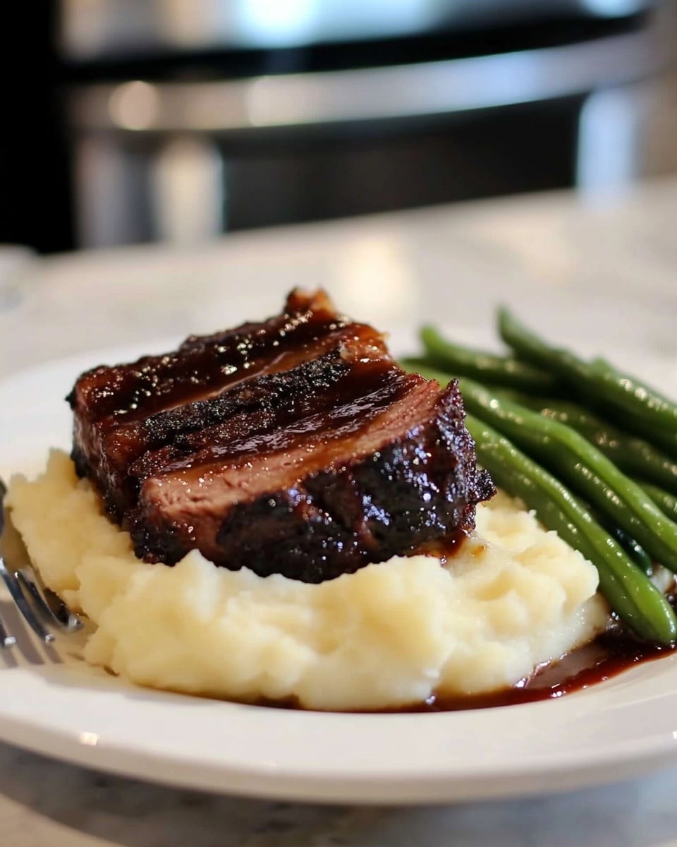 The image shows a close-up of a white plate with a serving of mashed potatoes as the bottom layer, which is creamy and white with a smooth texture and some small lumps. On top of the mashed potatoes, there is a piece of dark brown, glazed meat with a shiny surface and visible fibers, being pulled apart by a fork. There are small drops of reddish sauce on the mashed potatoes, and a few green beans are placed beside the meat and potatoes. The background surface is a white marbled texture. Photo taken with an iphone --ar 4:5 --v 6.1