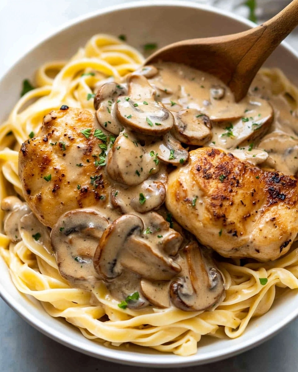 A white bowl filled with three pieces of browned chicken placed on top of flat, pale yellow noodles. The chicken is covered with a thick, creamy beige sauce mixed with slices of cooked mushrooms scattered over the chicken and noodles. Small green herb bits are sprinkled on the chicken and sauce for garnish. A spoon rests inside the bowl with a wooden handle visible, and the bowl is placed on a white marbled textured surface. photo taken with an iphone --ar 4:5 --v 6.1