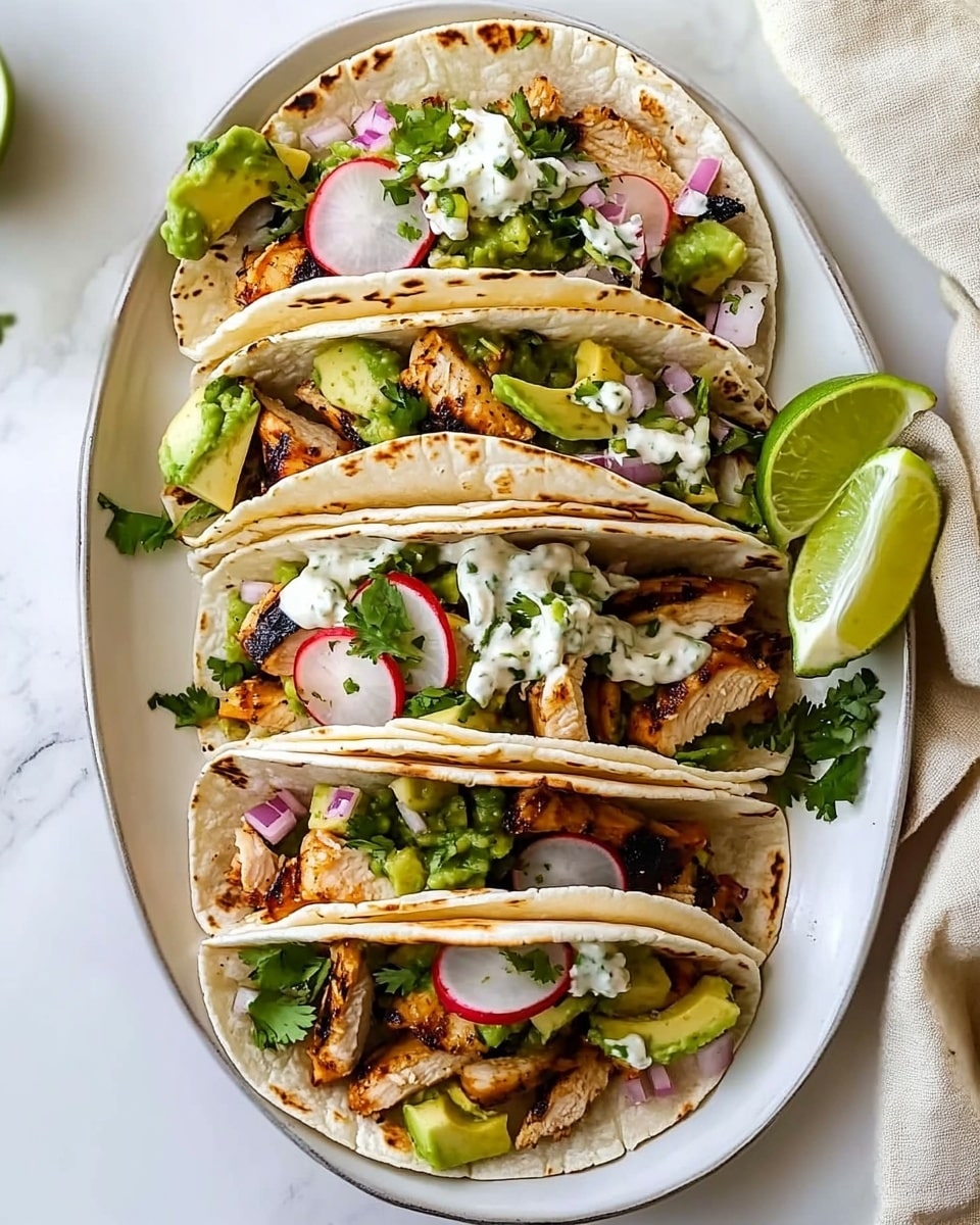 Four soft white tortillas are filled and layered with small pieces of grilled light brown chicken, slices of green avocado, thin round slices of white radish with red edges, and dollops of light green sauce. There are also drizzles of white creamy sauce, sprinkled small purple onion pieces, and finely chopped green herbs on top. The tacos are arranged side by side on a white oval plate with two lime wedges and some extra avocado slices on the edges. The plate sits on a white marbled surface. Photo taken with an iphone --ar 4:5 --v 6.1