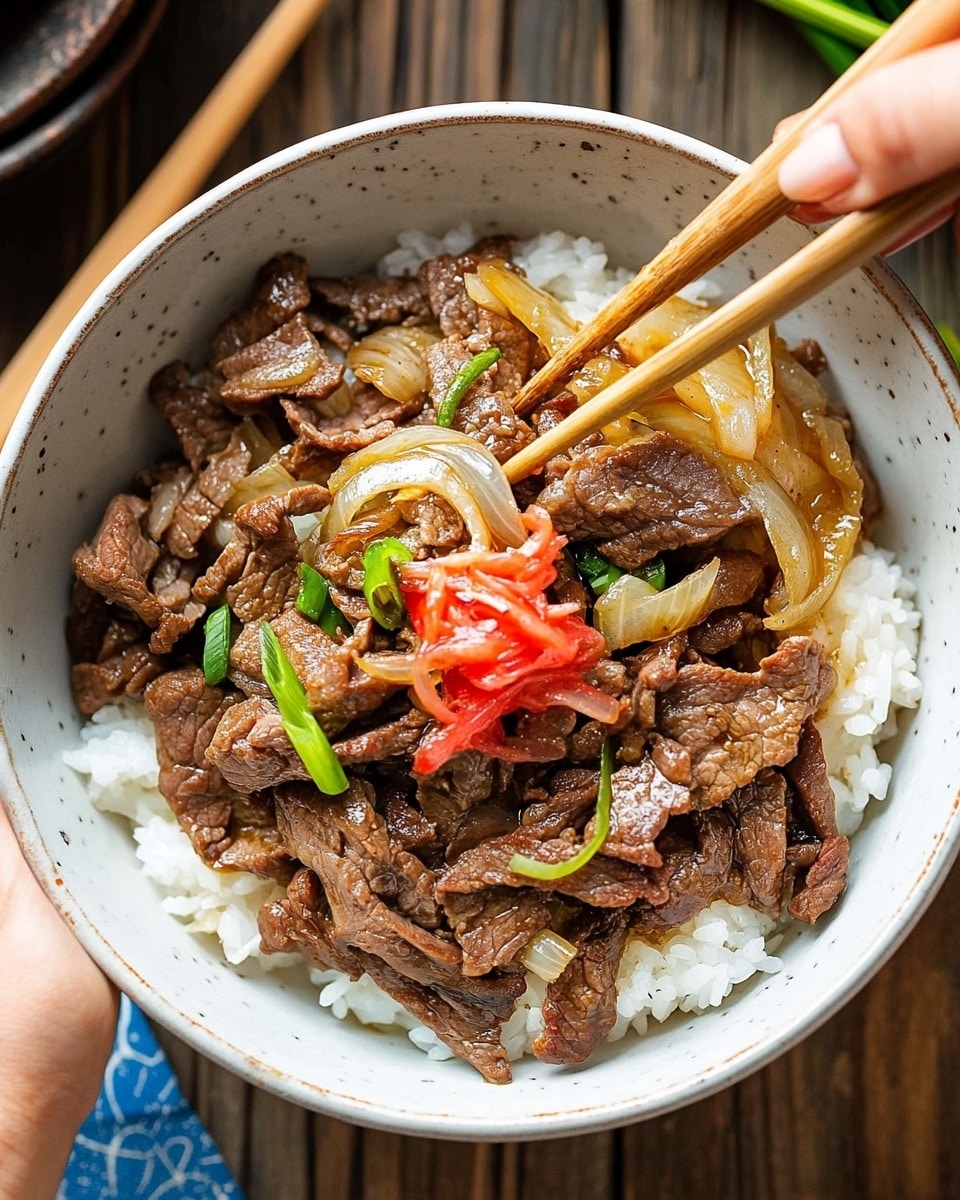 Gyudon Japanese Beef Rice Bowl, Japanese beef bowl recipe, easy Gyudon recipe, homemade Japanese rice bowl, savory Gyudon dish A white bowl filled with a layer of cooked white rice at the bottom, topped with thin slices of brown cooked beef mixed with translucent cooked onions and green scallion slices. In the center, a small pile of bright red pickled ginger strips adds a sharp color contrast. A woman's hand holds a wooden spoon scooping a portion of the beef and onions, while another woman's hand holds the bowl lid on the side. The bowl is placed over a white marbled surface with wooden chopsticks and a small ceramic dish nearby.