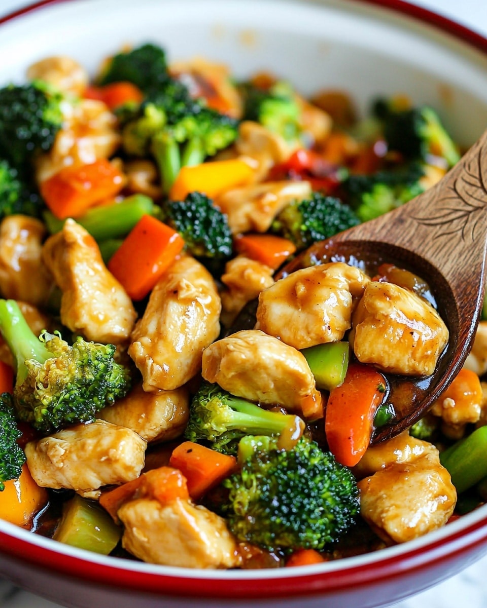 Chicken Stir Fry with Vegetables and Honey Soy Sauce, chicken stir fry recipe, healthy stir fry, quick dinner ideas, vegetable stir fry A blue patterned bowl filled with three layers of food sits on a white marbled surface. The bottom layer is green broccoli florets with bright orange carrot slices. The middle layer has glossy, light brown chicken pieces mixed with small red and yellow bell pepper chunks. The top layer is sprinkled with white sesame seeds. Two pale wooden chopsticks stand upright in the bowl, held by a woman's hand just above the bowl’s rim. In the blurred background, a pan with more similar food is slightly visible.