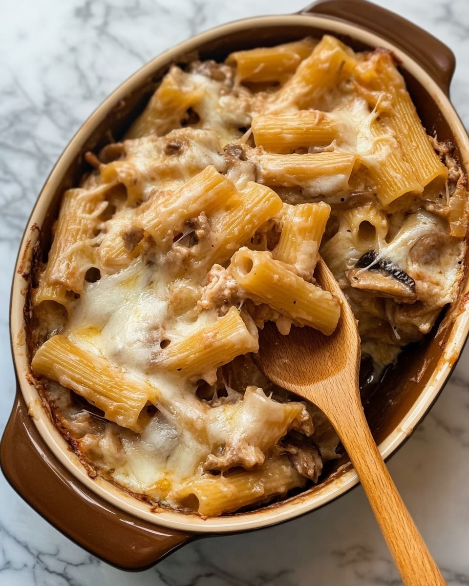 Creamy French Onion Pasta, French Onion Pasta, caramelized onion pasta, hearty pasta dishes, easy comfort food recipes The image shows a close-up of a baked pasta dish in an oval brown casserole dish with two handles, placed on a white marbled surface. The pasta is rigatoni and other tubular shapes, covered evenly with melted cheese that has some browned spots, giving a golden texture. Mixed in with the pasta are thin, brownish mushrooms that add a soft texture. A wooden spoon with some melted cheese and pasta rests inside the dish, partially lifting some pasta. The overall colors are warm and creamy with a mix of light brown, beige, and golden tones.