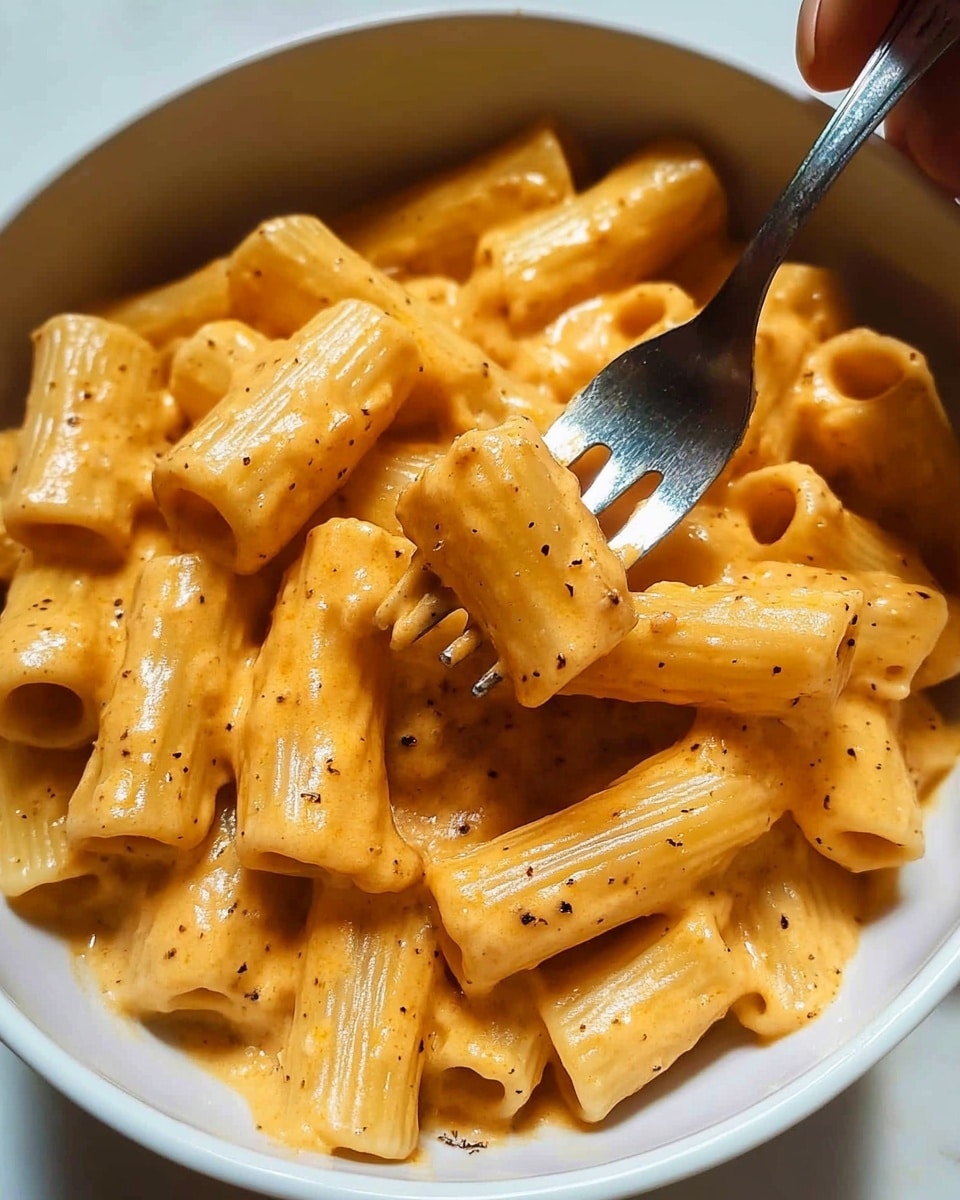 Creamy French Onion Pasta, French Onion Pasta, caramelized onion pasta, hearty pasta dishes, easy comfort food recipes The image shows a white bowl filled with short tube pasta covered in a thick, creamy orange sauce. The pasta pieces are evenly coated and sprinkled with fine black pepper or seasoning. A silver fork is lifting a portion of the pasta, showing the sauce's smooth texture. The background has a soft white marbled surface that contrasts with the warm color of the sauce and pasta. The light creates a slight shine on the sauce, highlighting the rich and tasty look of the dish