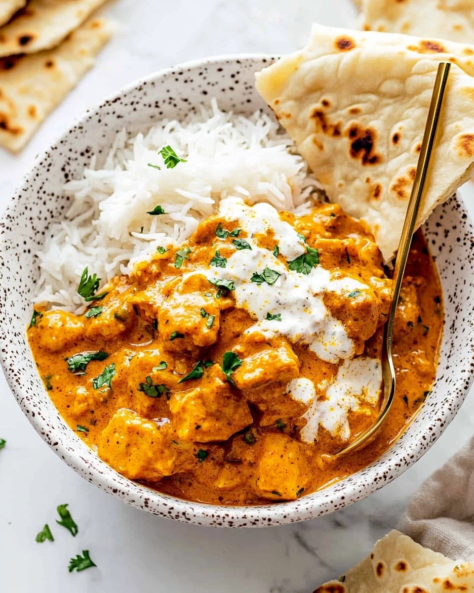 A shallow white bowl filled with a layer of fluffy white rice at the bottom, topped by a layer of rich orange curry with chunks of cooked meat and small green herb pieces scattered on top. To one side, folded pieces of light golden-brown flatbread rest partially on the rice, slightly overlapping each other. A silver spoon sits inside the bowl on the right edge. The bowl is placed on a white marbled surface with out-of-focus flatbread and another dish in the background. The lighting is natural and bright, highlighting the warm colors and textures clearly photo taken with an iphone --ar 4:5 --v 6.1