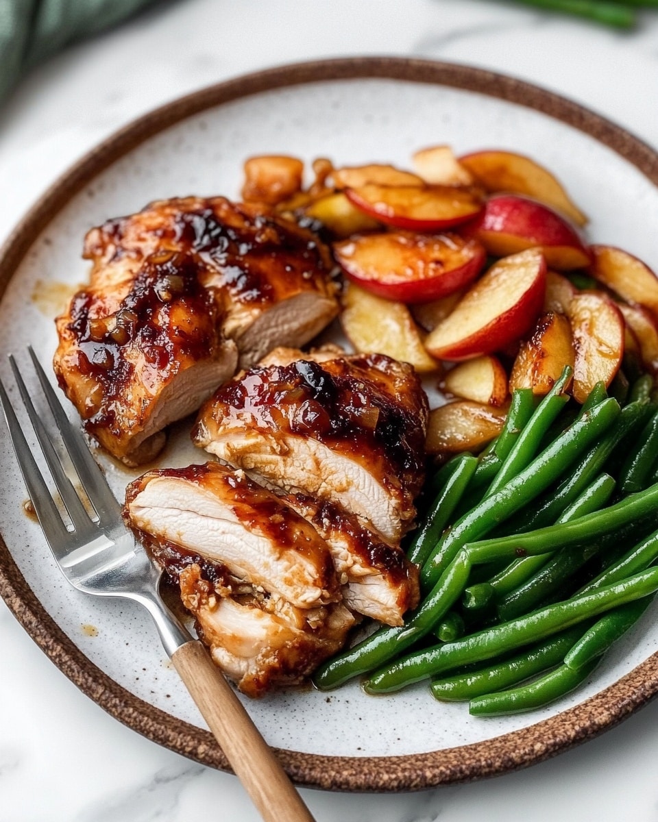 On a white plate with ridged edges, there is a serving of cooked chicken thighs placed on the left and bottom right; the chicken is browned with a slightly crispy texture and topped with a few slices of cooked, golden-brown apple wedges. Alongside the chicken, in the top right section of the plate, there is a small pile of bright green, steamed green beans with a smooth and glossy surface. The plate sits on a white marbled surface with a wooden-handled fork positioned to the left edge, near the bottom of the plate. Photo taken with an iphone --ar 4:5 --v 6.1