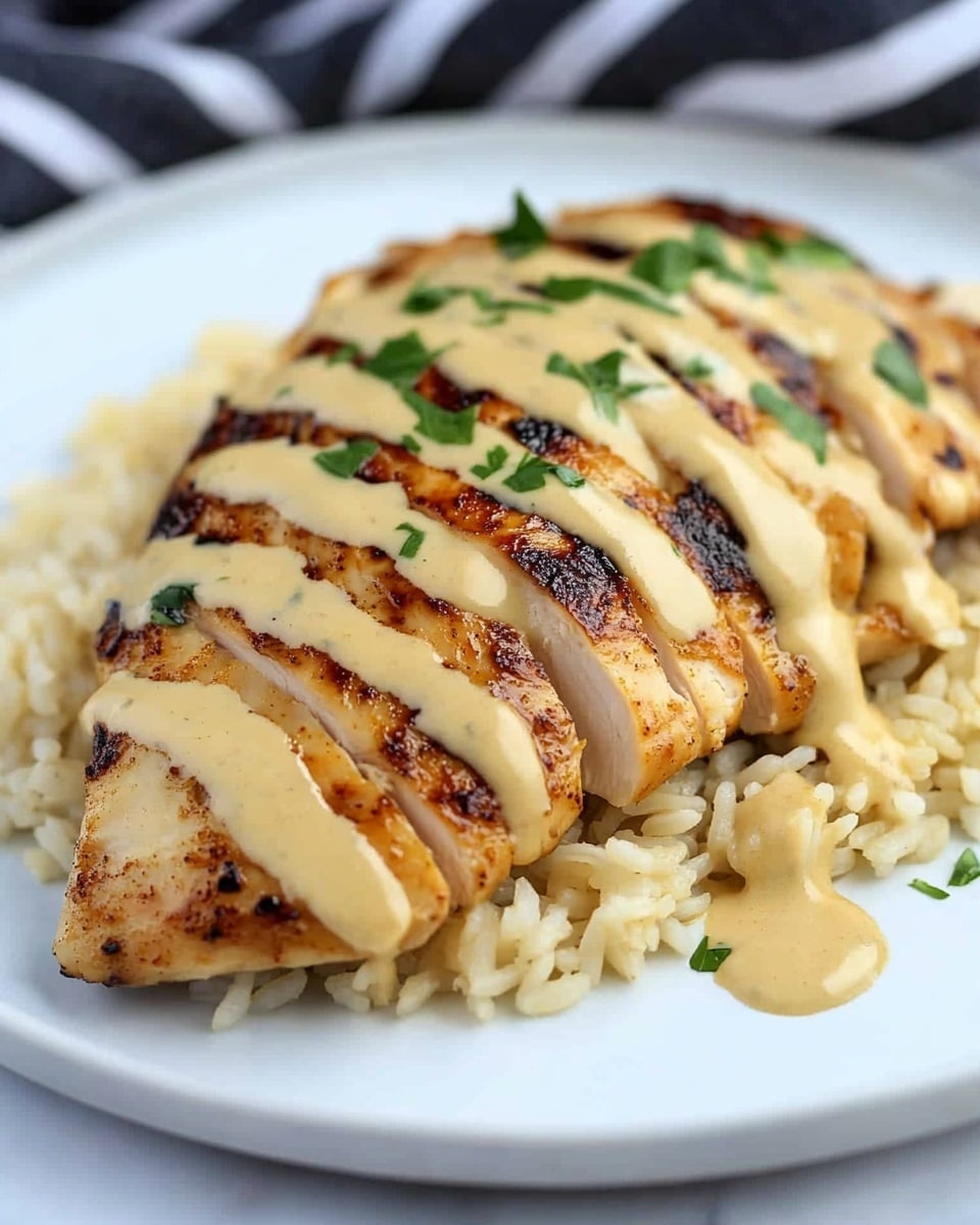 The dish shows one main layer of cooked white rice mixed with herbs, spread across the bottom of a white plate with a white marbled surface underneath. On top of the rice, there is a second layer of sliced grilled chicken pieces, brown and slightly crispy on the edges, aligned closely together. Both the rice and the chicken are generously covered with a creamy light yellow sauce that has specks of green herbs scattered on it. The sauce looks smooth and slightly thick, drizzling over the chicken and rice to add texture and color contrast. photo taken with an iphone --ar 4:5 --v 6.1