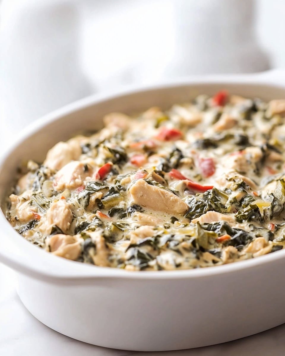 A white oval baking dish filled with a creamy dish made of small pieces of light beige chicken, chopped dark green leafy vegetables, and thin strips of red bell pepper mixed in a pale yellow creamy sauce with green herbs. The dish has a slightly glossy texture with visible pieces spread evenly throughout. The dish is placed on a beige and white checkered cloth over a white marbled surface, with white salt and pepper shakers in the background and a plain white bowl to the side. photo taken with an iphone --ar 4:5 --v 6.1