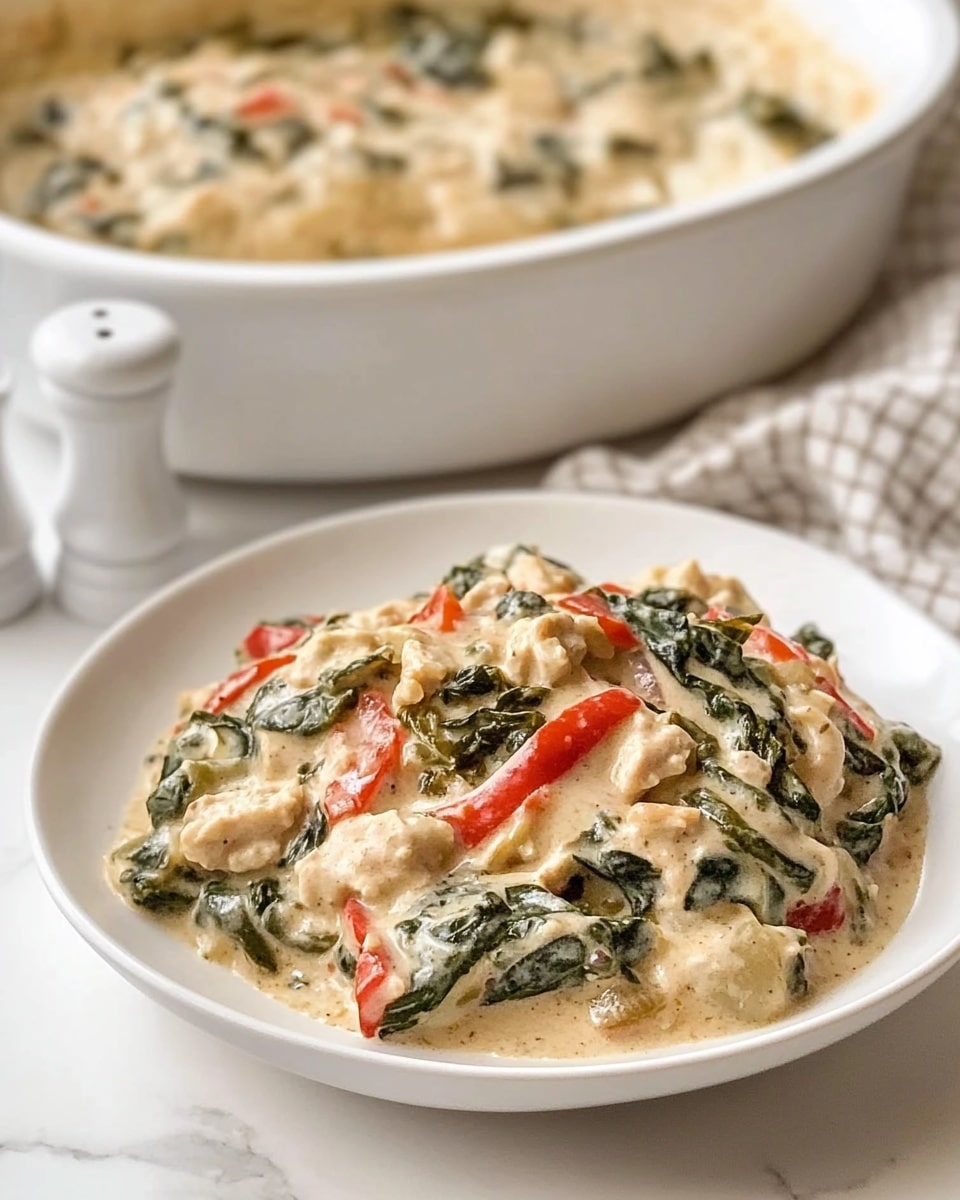 A white plate holds a creamy dish with visible layers of cooked spinach, red and green bell pepper strips, and pieces of chicken mixed in a light sauce. The dish looks soft and moist with a mix of dark green from the spinach and bright red and green from the peppers spread evenly throughout. In the background, a white casserole dish with the same creamy dish sits on a white marbled surface with a checkered cloth folded beneath it. A white salt shaker stands nearby. Photo taken with an iphone --ar 4:5 --v 6.1