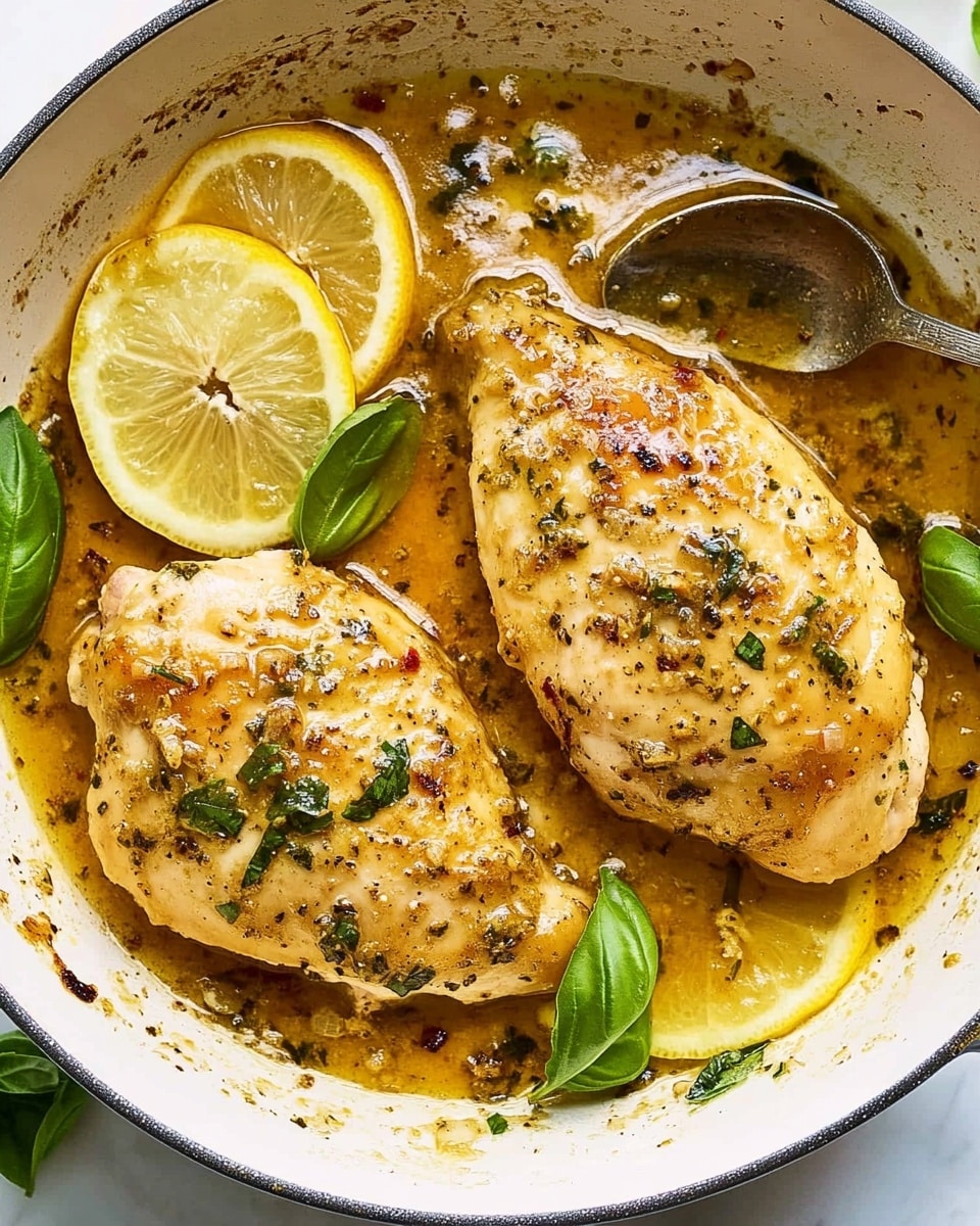 The image shows two pieces of cooked chicken in a white pan. The chicken is light golden brown with herbs sprinkled on top. There are thin lemon slices placed around the chicken, some slightly under the pieces. Green basil leaves are scattered over the chicken and lemon. The pan has a shallow layer of golden-yellow sauce with small bits of garlic. A silver spoon rests partly in the sauce near the top-left corner. The background has a white marbled texture photo taken with an iphone --ar 4:5 --v 6.1