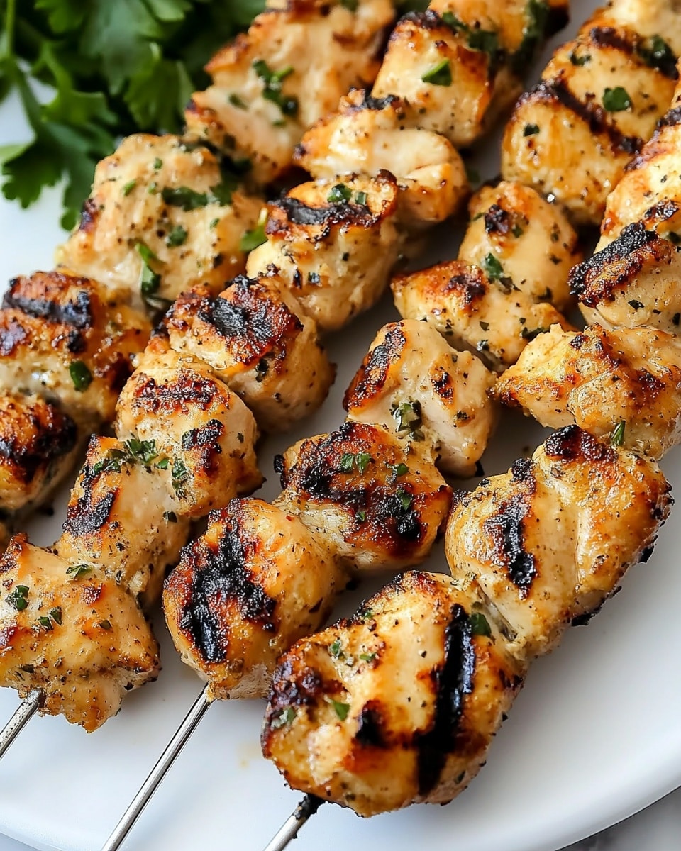 Four skewers of grilled chicken pieces are placed on a white plate, each skewer holding several chunks of chicken that are lightly browned with small grilled marks. The chicken pieces have a slightly creamy texture with visible green herbs sprinkled over them. The plate sits on a white marbled surface, and in the blurry background there is some green leafy garnish. photo taken with an iphone --ar 4:5 --v 6.1