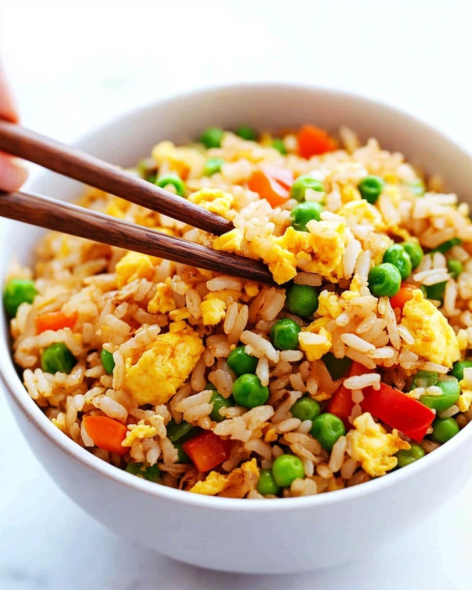 A close-up view of a silver pan filled with fried rice showing three main layers: the bottom layer is white rice cooked to a soft texture with a light brown color from sauce, mixed evenly throughout; the second layer is diced bright orange carrots and small green peas scattered evenly, adding a fresh touch; the top layer consists of small yellow scrambled egg pieces and sliced green onions sprinkled over the top, adding color and texture. The pan is placed on a white marbled surface. photo taken with an iphone --ar 4:5 --v 6.1