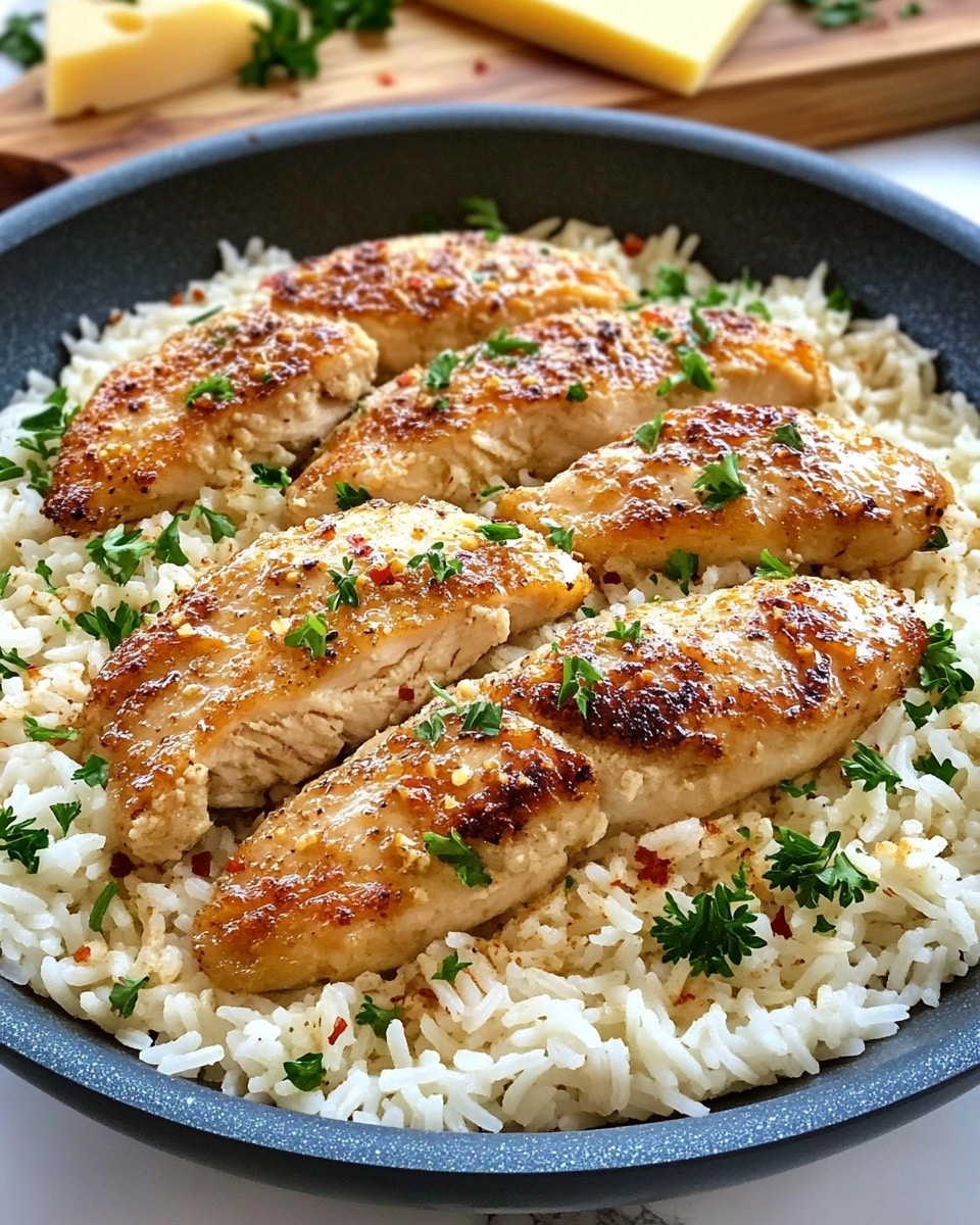 A gray pan filled with a creamy risotto base that has a soft, textured look with specks of speckled black pepper and red chili flakes scattered throughout. On top, there are six pieces of browned chicken, each with a golden crust and slightly charred edges, evenly spread across the risotto. Small green parsley leaves are sprinkled on both the risotto and the chicken, adding bright green color. In the background, there is a wooden board with a wedge of cheese and some chopped parsley on a white marbled surface. Photo taken with an iphone --ar 4:5 --v 6.1