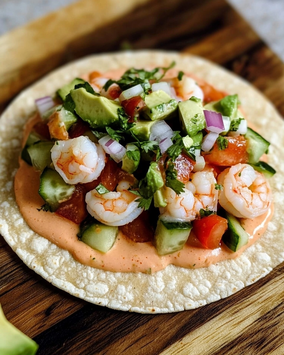Mit Honig-Senf gebackene Hähnchenbrust Rezept 6 Ein einzelner offener Taco auf einer hellgelben Maistortilla bildet die Basisschicht, die auf einem Holzbrett mit einer weiß marmorierten Oberfläche im Hintergrund platziert ist. Auf der Tortilla verteilt sich eine dünne, gleichmäßige Schicht rosa-orangefarbener Sahnesoße. Darüber gibt es kleine Stücke weißer gekochter Garnelen, die mit gewürfelten grünen Avocados, roten Tomaten, Gurken und lila Zwiebelstücken vermischt sind. Kleine grüne Korianderblätter sind über den ganzen Taco verstreut. Ein weiterer ähnlicher Taco ist teilweise im Hintergrund zu sehen. Foto aufgenommen mit einem iPhone --AR 4:5 --V 6.1