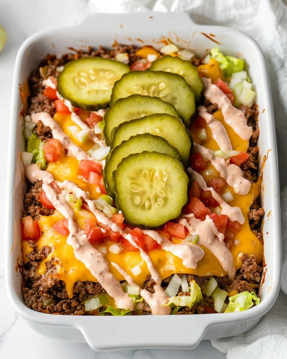 The dish is shown in a white square baking dish with two handles, sitting on a white marbled surface. It has three main layers visible. The bottom layer is crumbled cooked ground meat with a brown, slightly crispy texture. Melty orange-yellow cheese is melted over the meat, spread unevenly. On top of this, there are dollops of light pink sauce spread in several spots. The top layer is a mix of fresh, shredded light green lettuce, bright green pickle slices arranged over the lettuce, and chopped bright red tomatoes scattered all over with some small bits of white onion sprinkled on top. Photo taken with an iphone --ar 4:5 --v 6.1