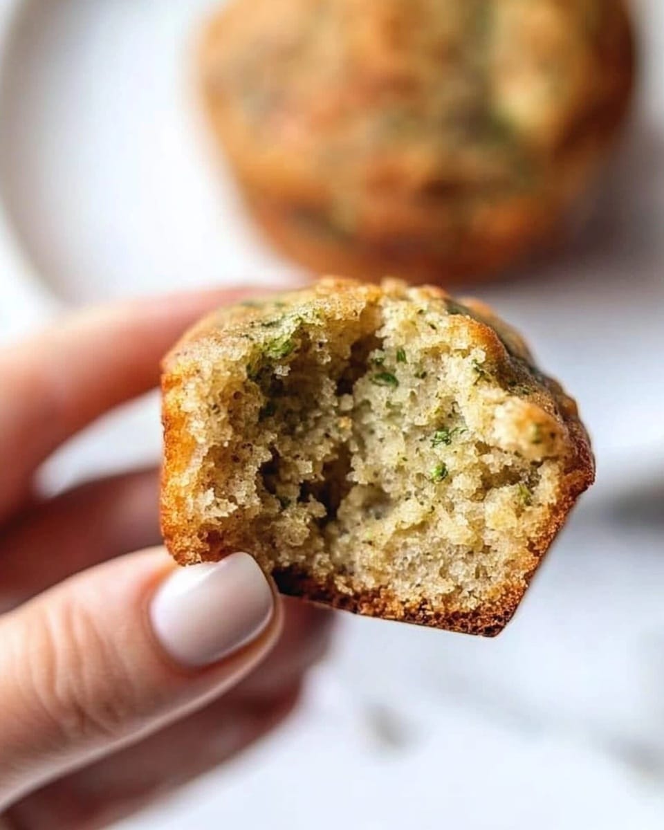 A close-up image shows a woman's hand holding a half-eaten muffin with a rough, crumbly texture filled with green bits inside, likely zucchini or herbs. The muffin is golden brown on the outside with a moist, light brown and speckled inside. In the background, a whole muffin sits on a white plate with a few crumbs scattered around on a white marbled surface. The scene is bright and focused on the muffin piece in the woman's hand, showing the inside details clearly. Photo taken with an iphone --ar 4:5 --v 6.1
