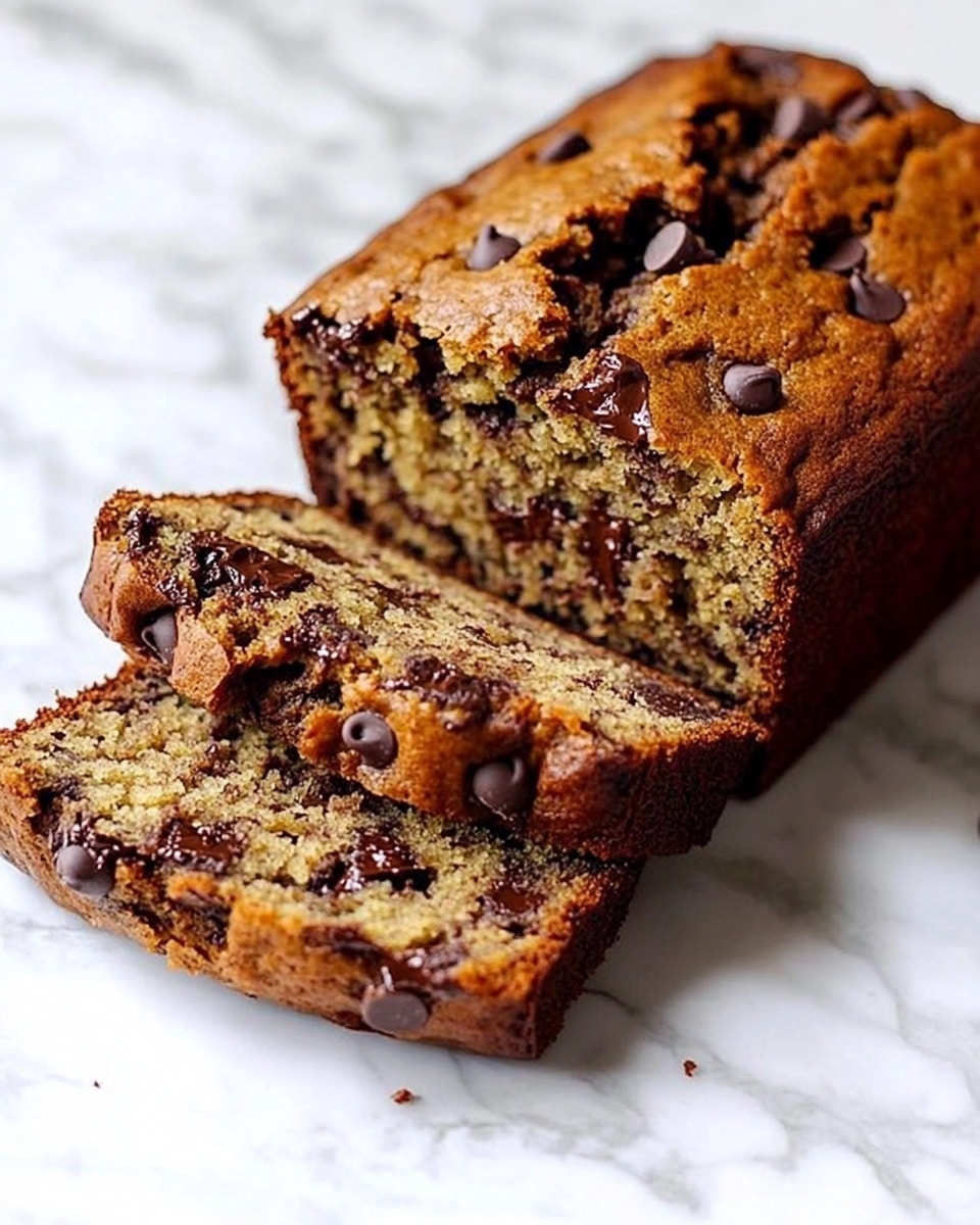 A sliced loaf of chocolate chip banana bread lies on a white marbled surface, with three thick pieces cut from the front showing the soft, moist light brown inside filled with dark chocolate chips. The top crust is golden brown with more chocolate chips scattered and slightly melted, adding texture. Some small crumbs spread around the loaf add to the natural look. The loaf is angled slightly to the side, showing the depth of each slice. photo taken with an iphone --ar 4:5 --v 6.1