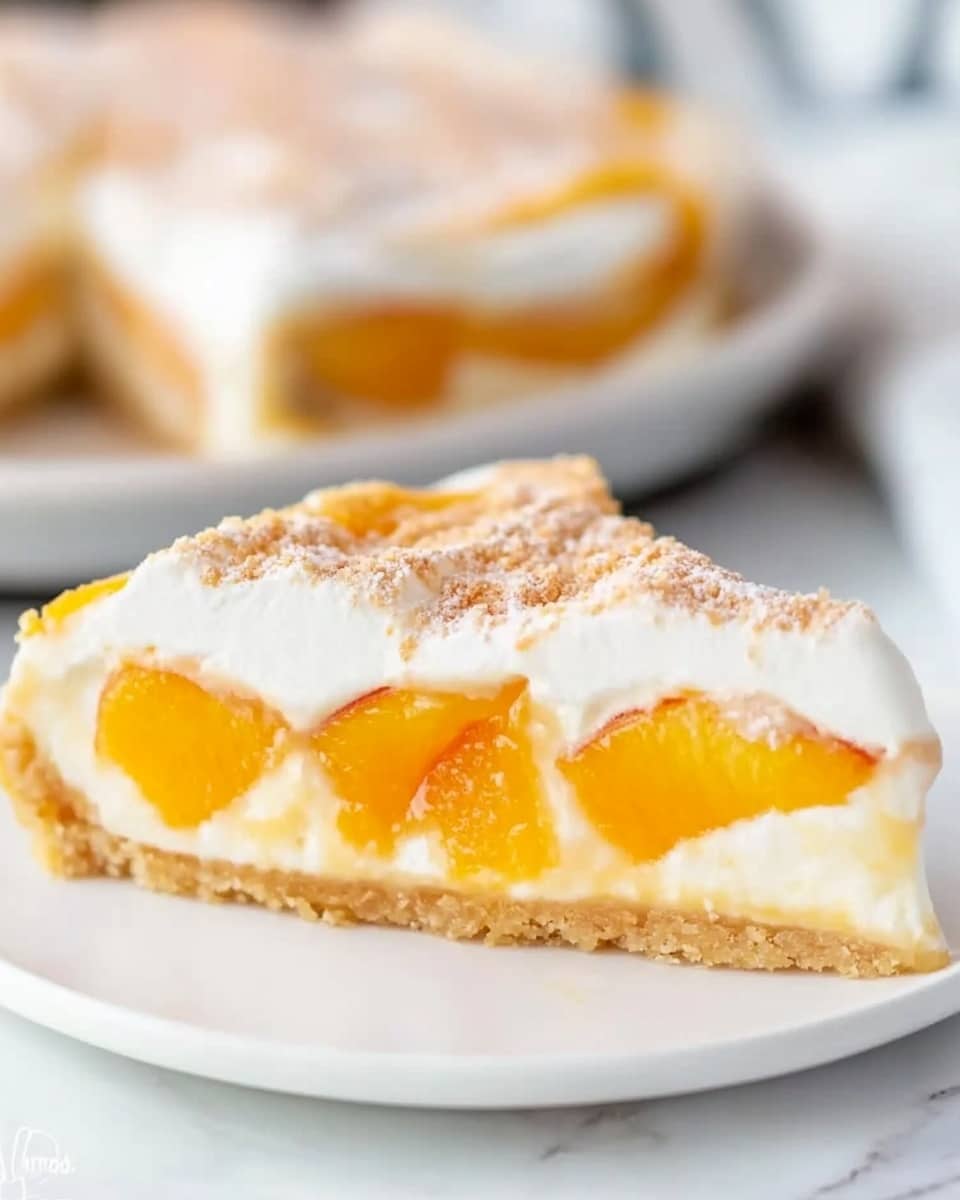 A slice of pie sits on a white plate with a white marbled surface underneath. The pie has three visible layers: a light brown crumbly base, a middle layer filled with bright orange fruit pieces that look soft and juicy, and a thick top layer of white cream sprinkled lightly with brown cinnamon. The cream is smooth and fluffy, covering the fruit and base evenly. In the background, there is another slice of pie and part of a whole pie, both slightly out of focus. The light is soft, giving the pie a fresh and inviting look. photo taken with an iphone --ar 4:5 --v 6.1