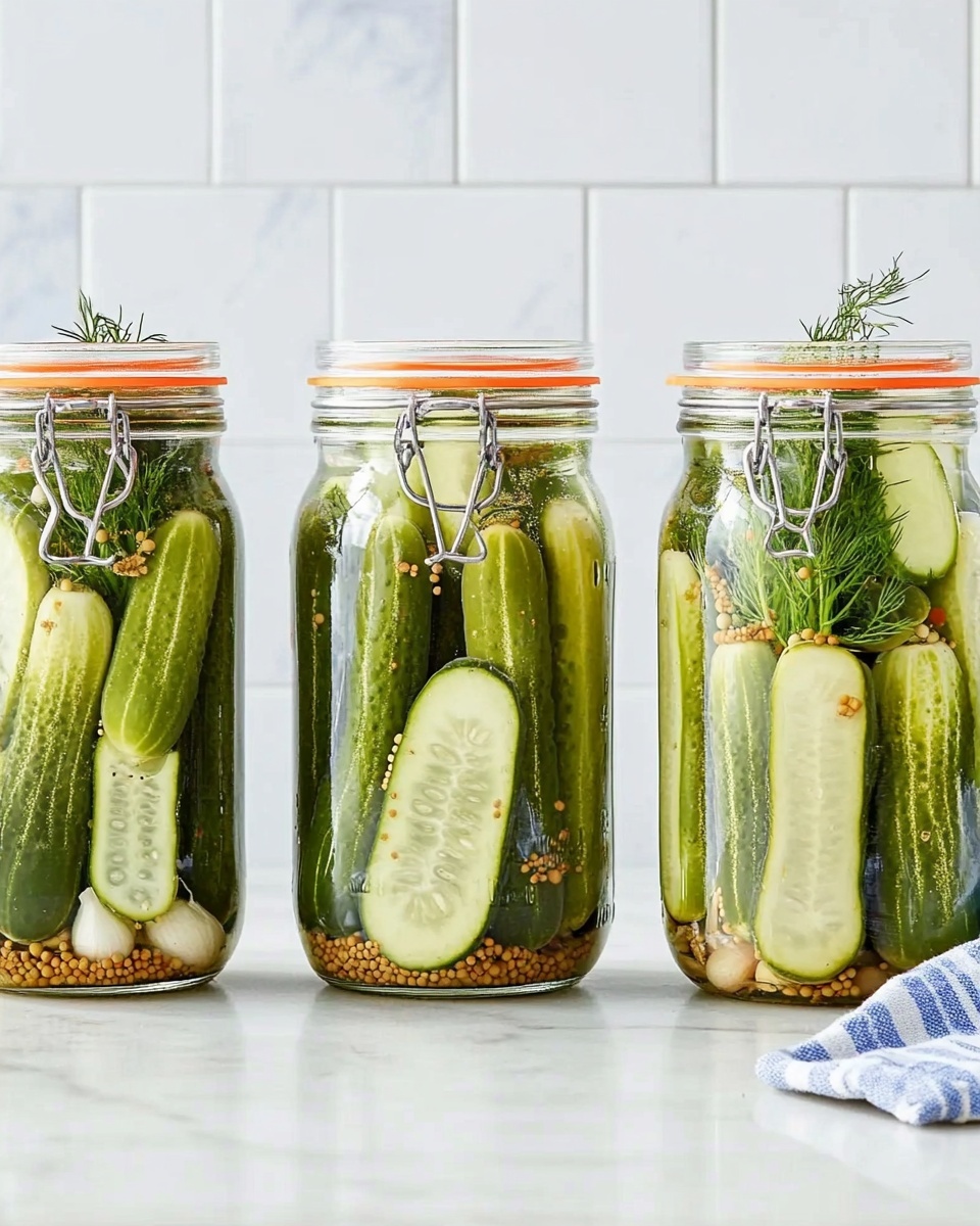 Three clear glass jars with metal clasps sit side by side on a white marbled surface. Each jar is filled with whole and sliced green cucumbers standing upright, with visible layers of fresh green dill, white garlic cloves, and small brown and black peppercorns evenly spaced inside. The jars showcase a mix of light and dark green textures from the cucumbers against the clear brine. The background is a clean white tile wall. Photo taken with an iphone --ar 4:5 --v 6.1