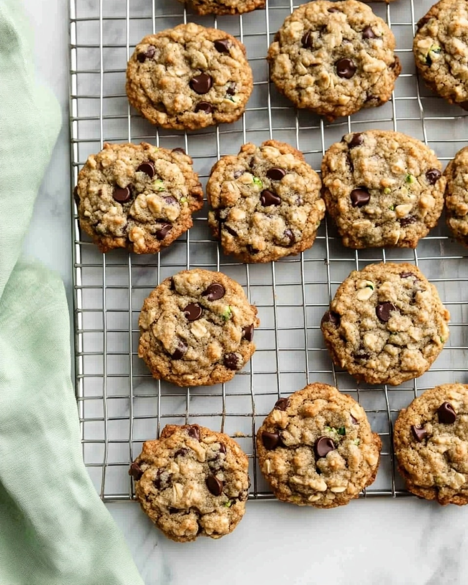 A round white plate with colorful dots holds a stack of seven oatmeal cookies with dark chocolate pieces on top. The cookies have a rough texture with visible oats and green bits, showing a mix of brown and green colors. Around the plate on a white marbled surface are more cookies and a small white bowl filled with dark chocolate chips. A whole green zucchini is placed near the bowl, and a green cloth is partly visible under one cookie at the bottom left. The scene is bright and simple, with the cookies as the main focus photo taken with an iphone --ar 4:5 --v 6.1
