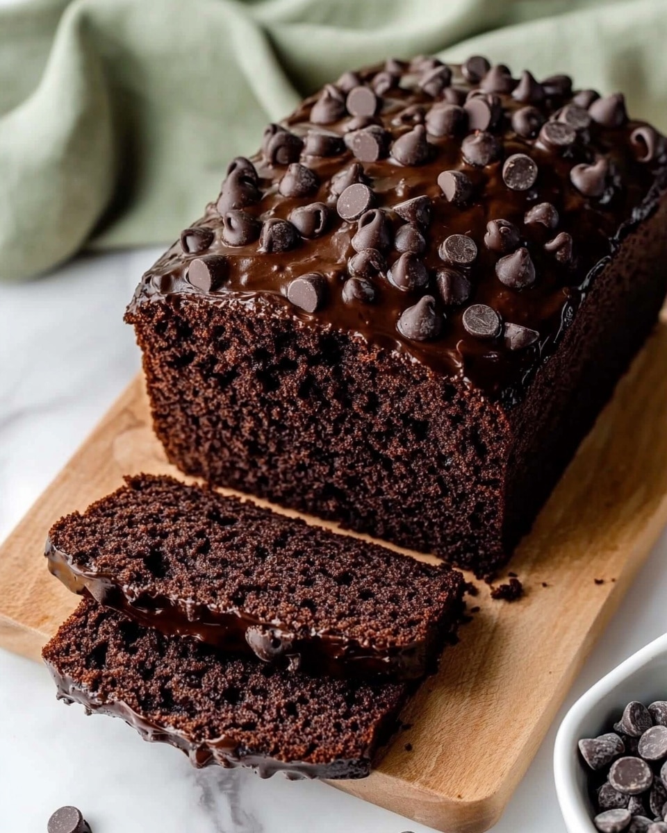 A dark chocolate loaf cake with a dense texture is shown resting on a wooden board. Two slices have been taken from the loaf and placed beside it, revealing a moist crumb filled with chocolate chips that are melted and shiny. The top of the loaf is slightly cracked and studded with more chocolate chips, giving it a rich, textured look. A green cloth with a soft texture is casually draped in the background. The whole scene is set on a white marbled surface. photo taken with an iphone --ar 4:5 --v 6.1