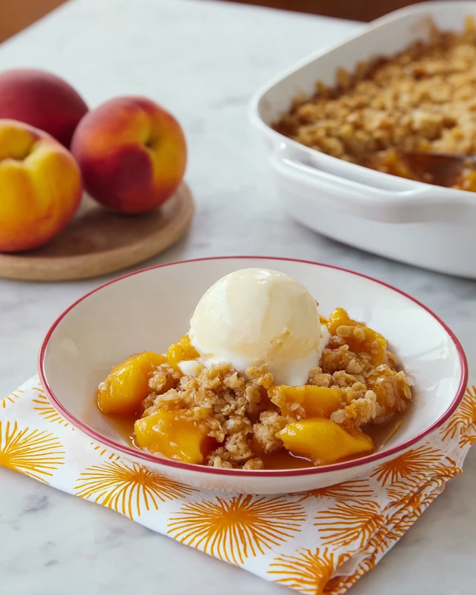 A white bowl with a thin red rim holds a dessert made of soft, golden brown crumble pieces on top of bright orange peach chunks and syrup. On top of the dessert is a smooth, round scoop of white vanilla ice cream that is slightly melting over the crumble. The bowl sits on a white napkin with orange sunburst patterns, placed on a white marbled surface. In the background, there is a white pan filled with more crumble and peach dessert, and two whole peaches are placed beside it. Photo taken with an iphone --ar 4:5 --v 7