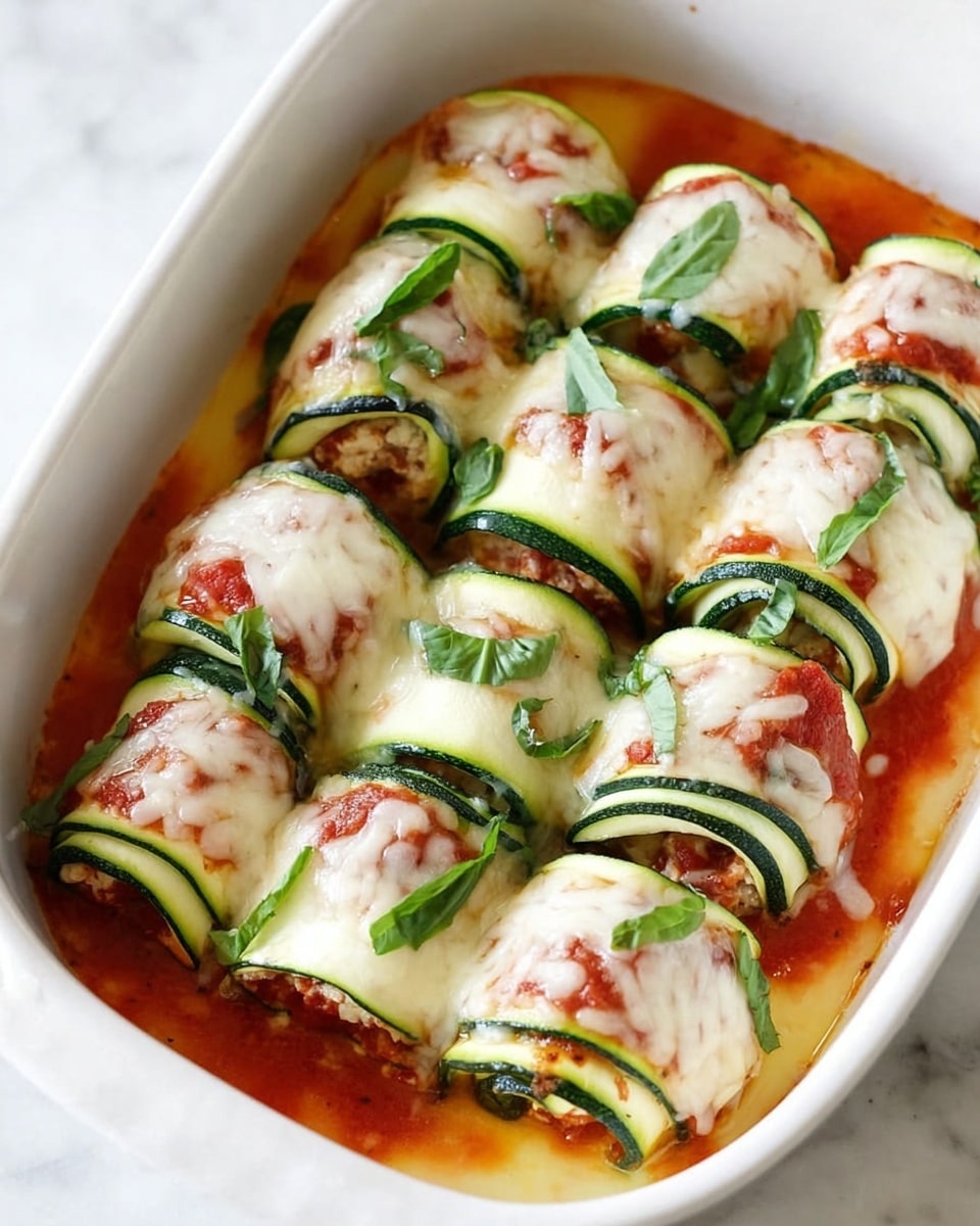 The image shows a white dish filled with nine rolled zucchini slices, each wrapped tightly and standing side by side in three rows, with layers of melted white cheese on top that look soft and creamy. Inside the zucchini rolls is a light red filling, possibly tomato-based, visible through the cheese. The zucchini is bright green with smooth skin and the pieces of fresh green basil are sprinkled on top, adding color contrast. Around the rolls is a thin layer of light orange sauce at the bottom of the dish. The dish is placed on a white marbled surface. photo taken with an iphone --ar 4:5 --v 7